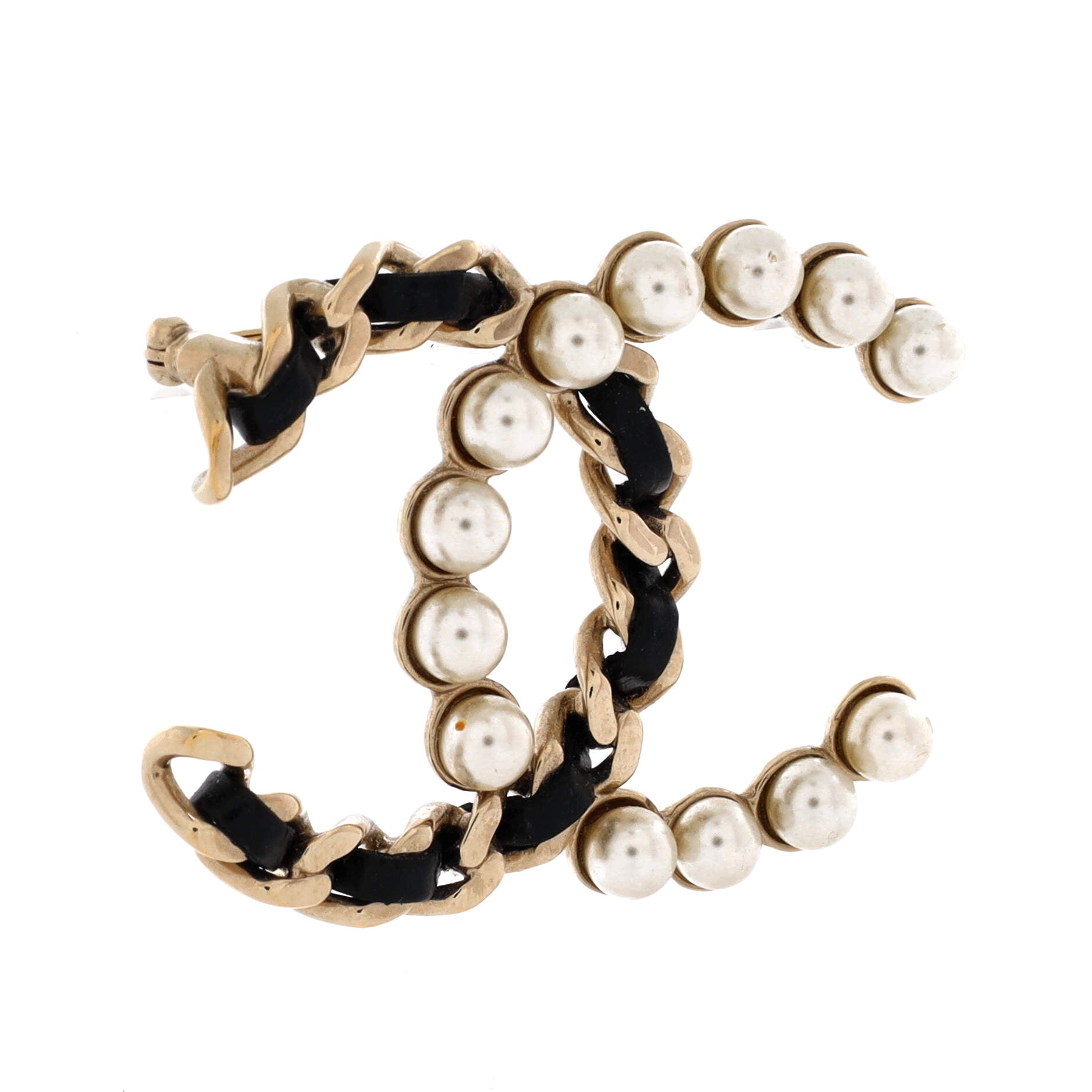 CC Chain Brooch Metal and Leather with Faux Pearls