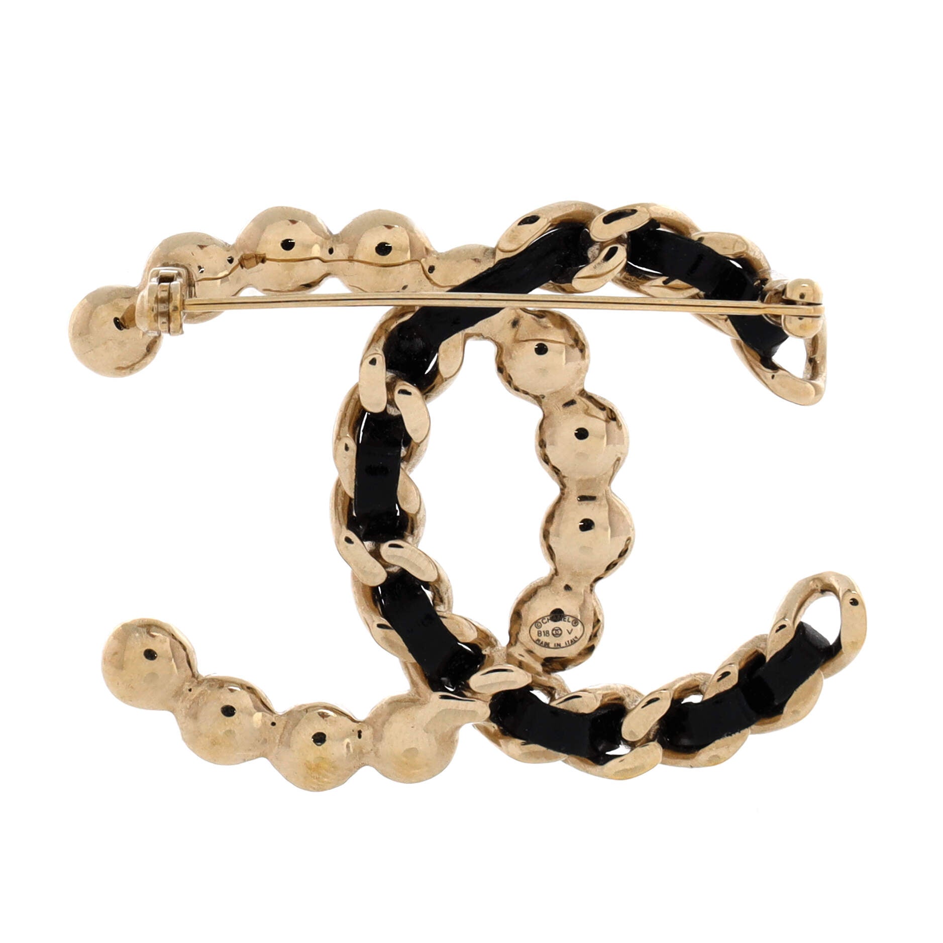 CC Chain Brooch Metal and Leather with Faux Pearls