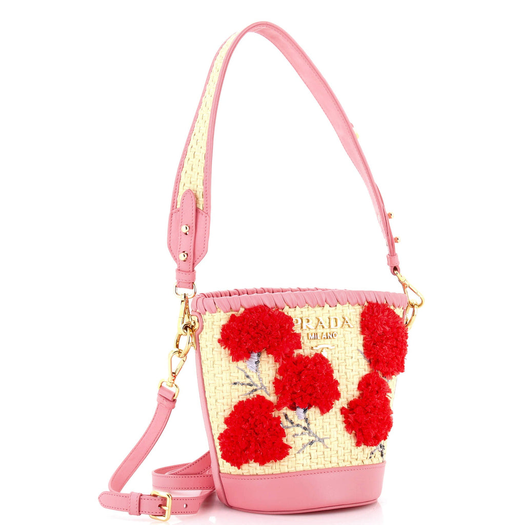 Bucket Bag Woven Raffia with Leather with Applique Small