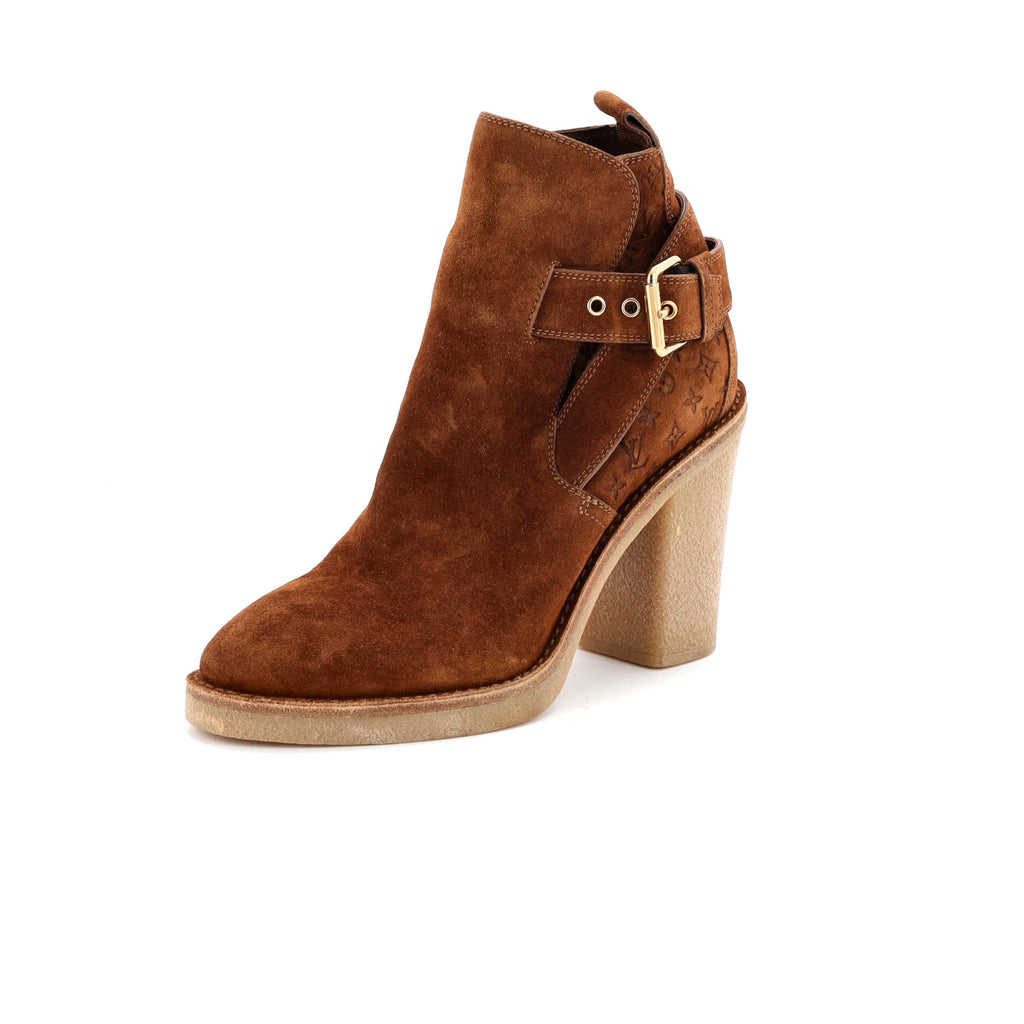 Women's Buckle Heeled Ankle Boots Monogram Embossed Suede