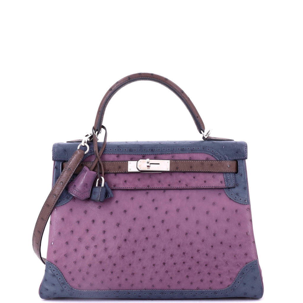 Kelly Ghillies Handbag Tricolor Ostrich with Palladium Hardware 32