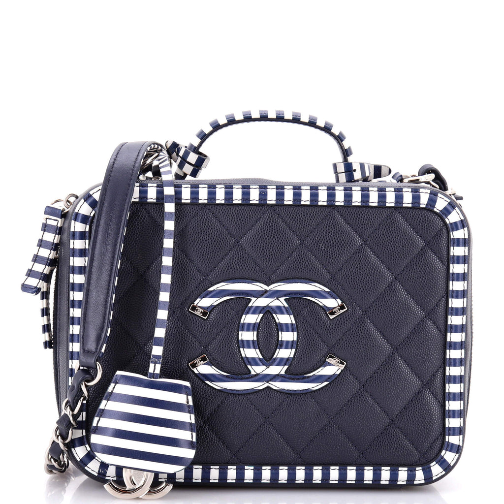 Filigree Vanity Case Quilted Caviar with Striped Leather Medium