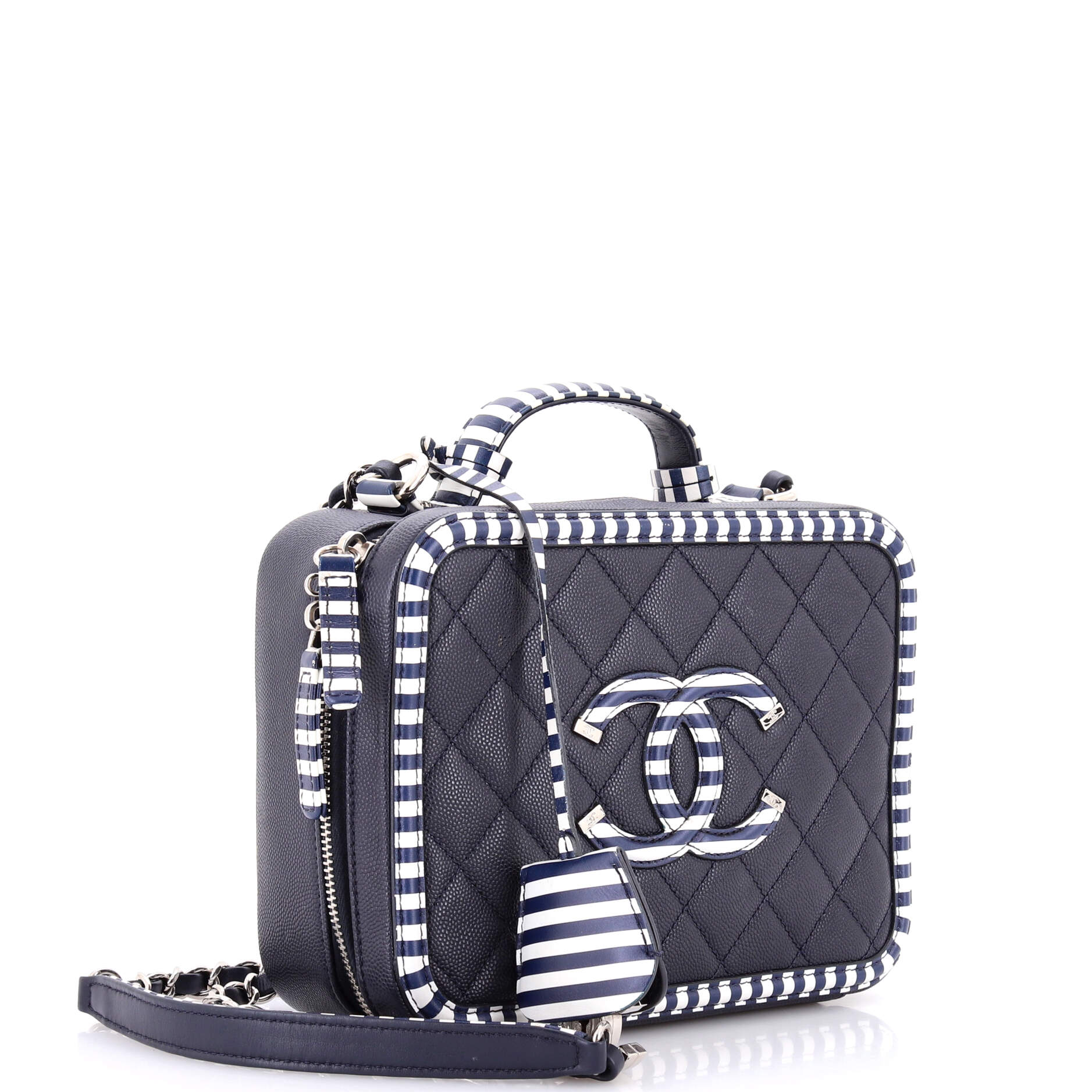 Filigree Vanity Case Quilted Caviar with Striped Leather Medium