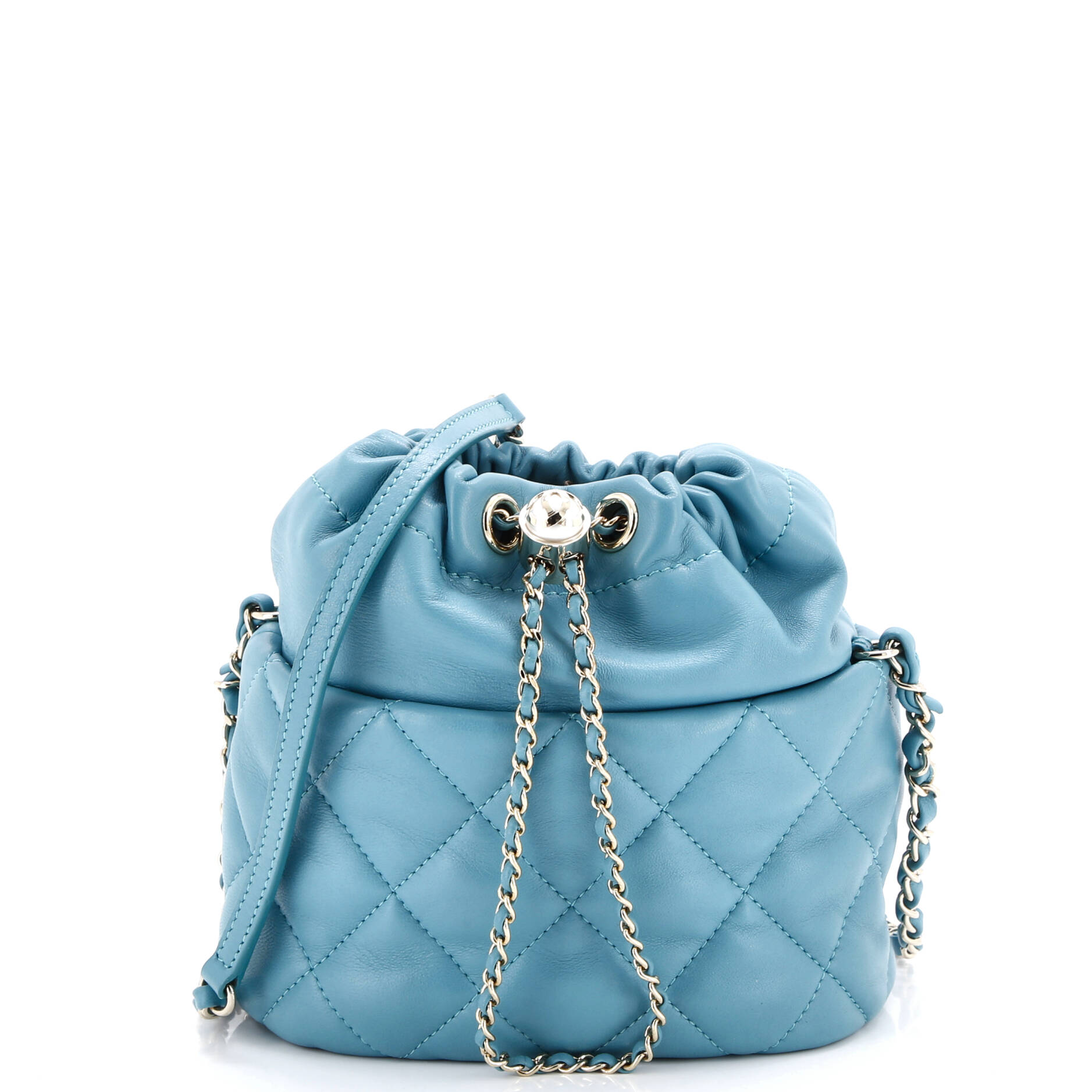 CC Pearl Drawstring Bucket Bag Quilted Lambskin Small