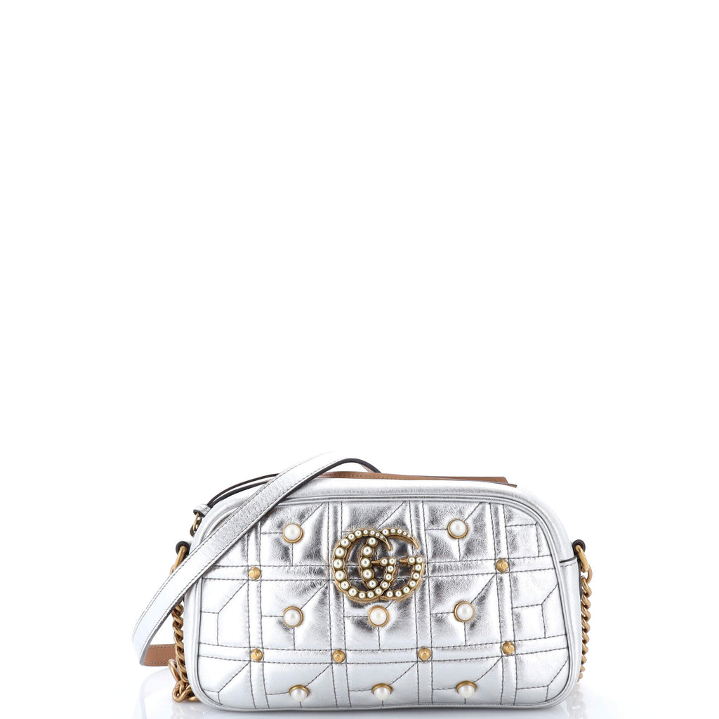 Pearly GG Marmont Shoulder Bag Embellished Matelasse Leather Small