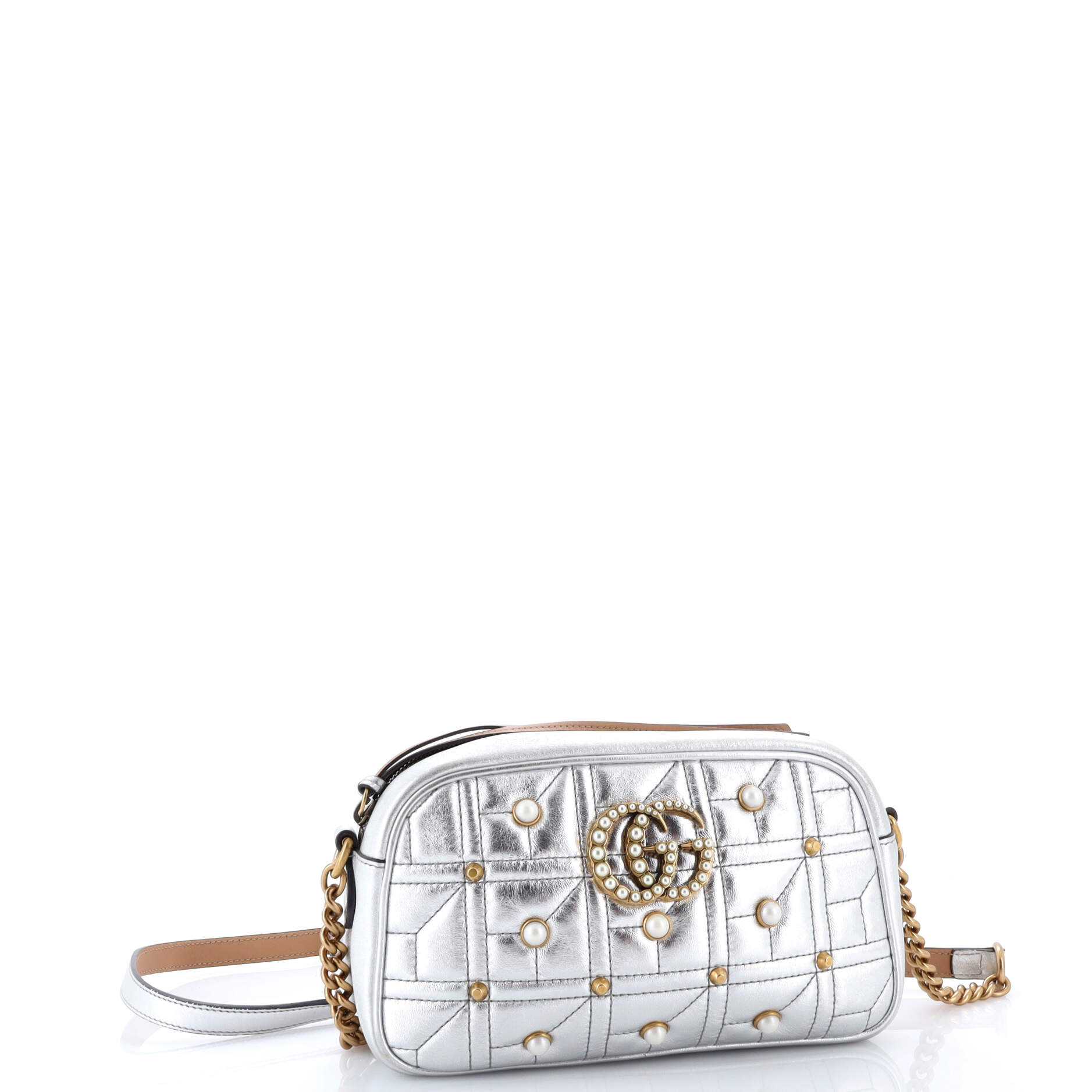 Pearly GG Marmont Shoulder Bag Embellished Matelasse Leather Small