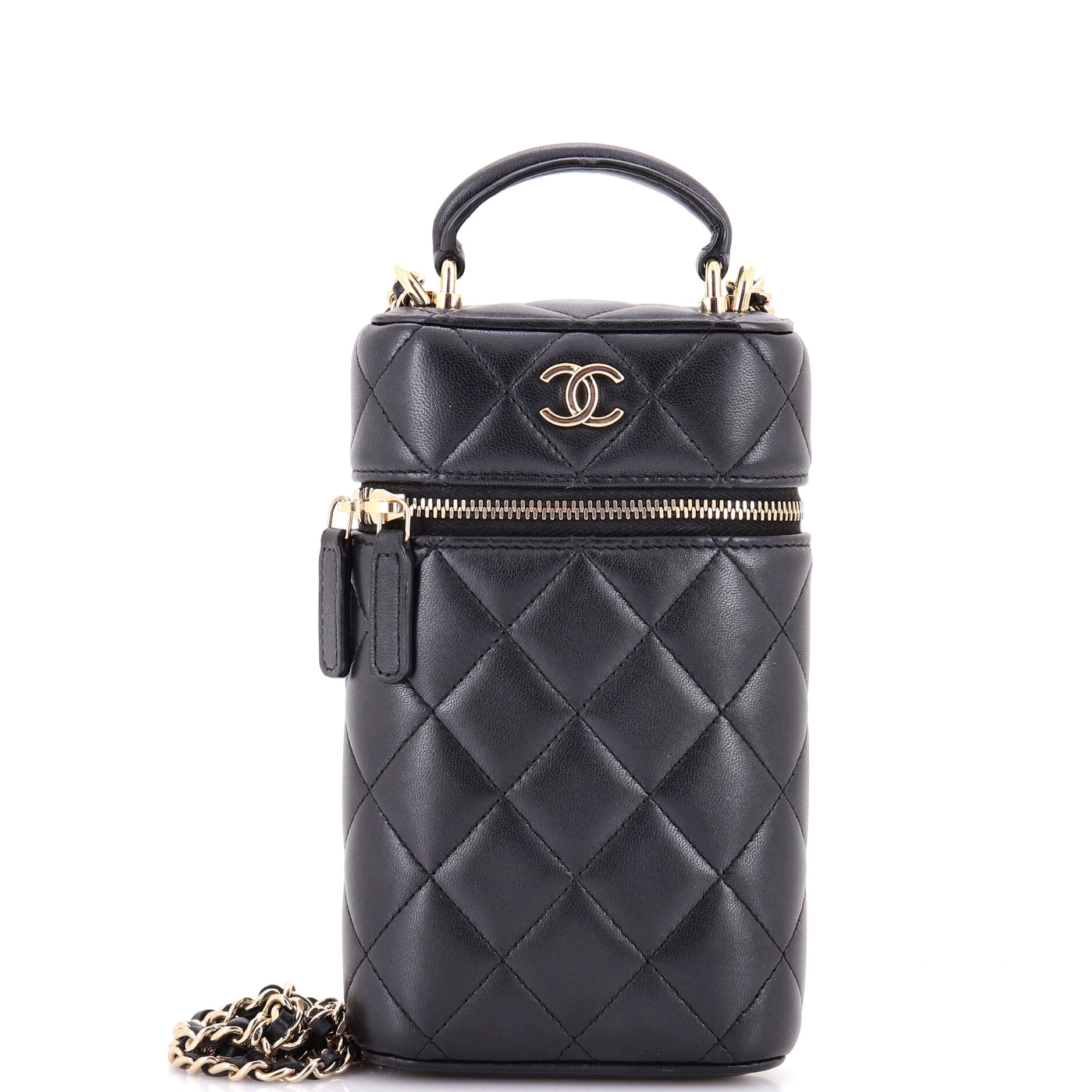 Classic Vanity Top Handle Phone Holder with Chain Quilted Lambskin