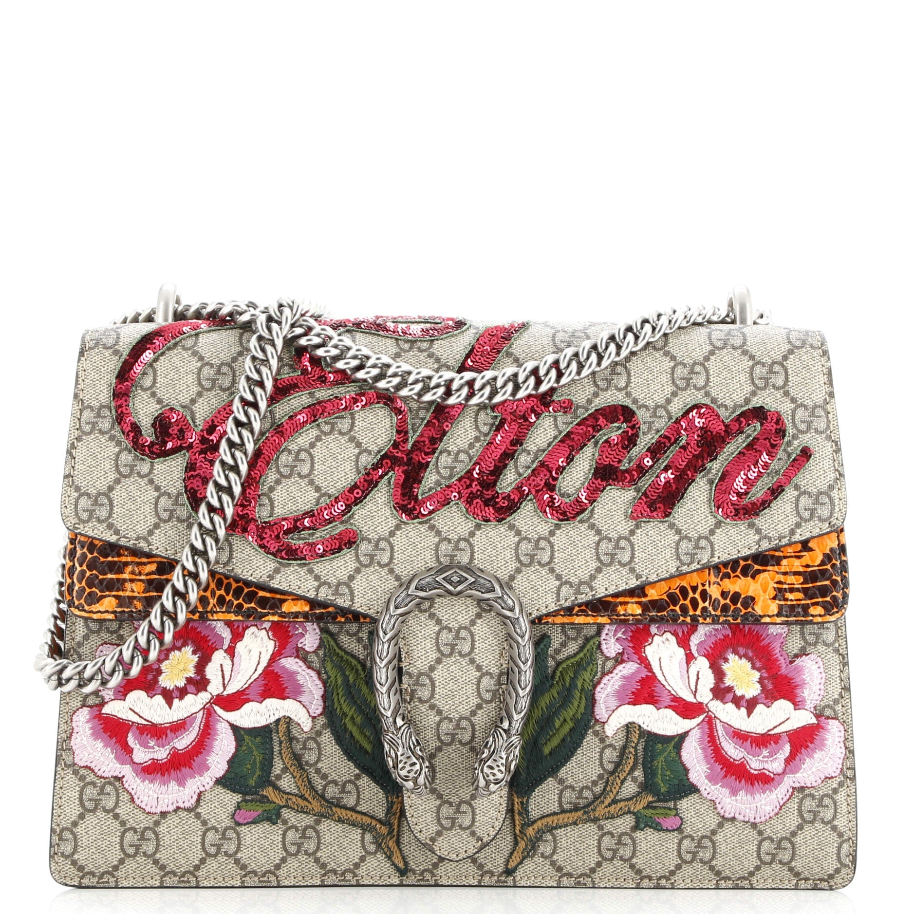 Dionysus Bag Embroidered GG Coated Canvas with Python Medium