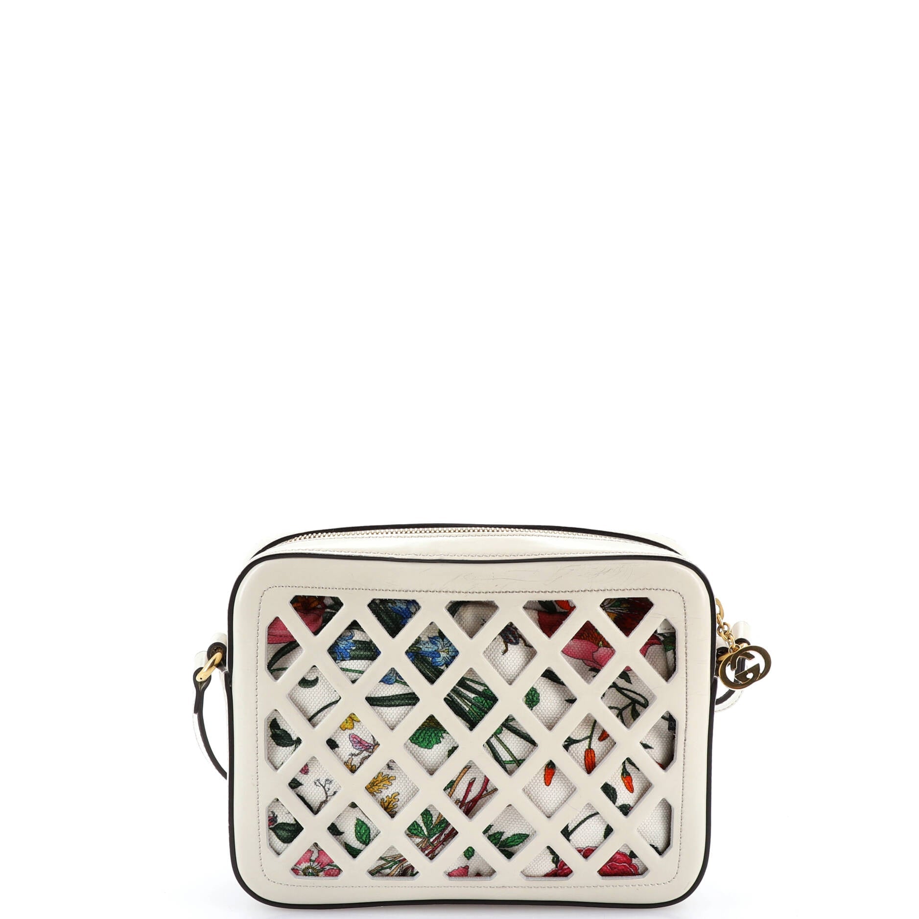 Camera Crossbody Bag Cutout Leather with Flora Canvas Small