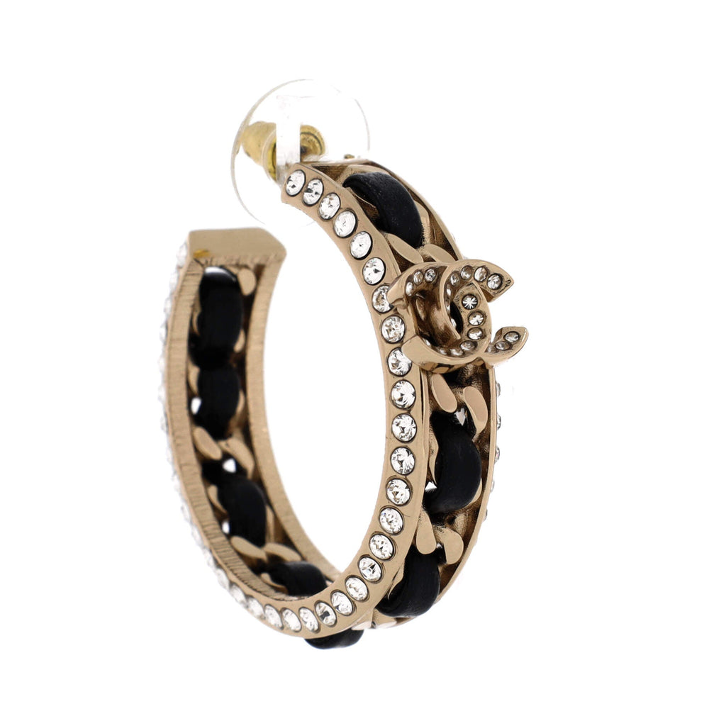 CC Chain-Link Hoop Earrings Metal with Leather and Crystal