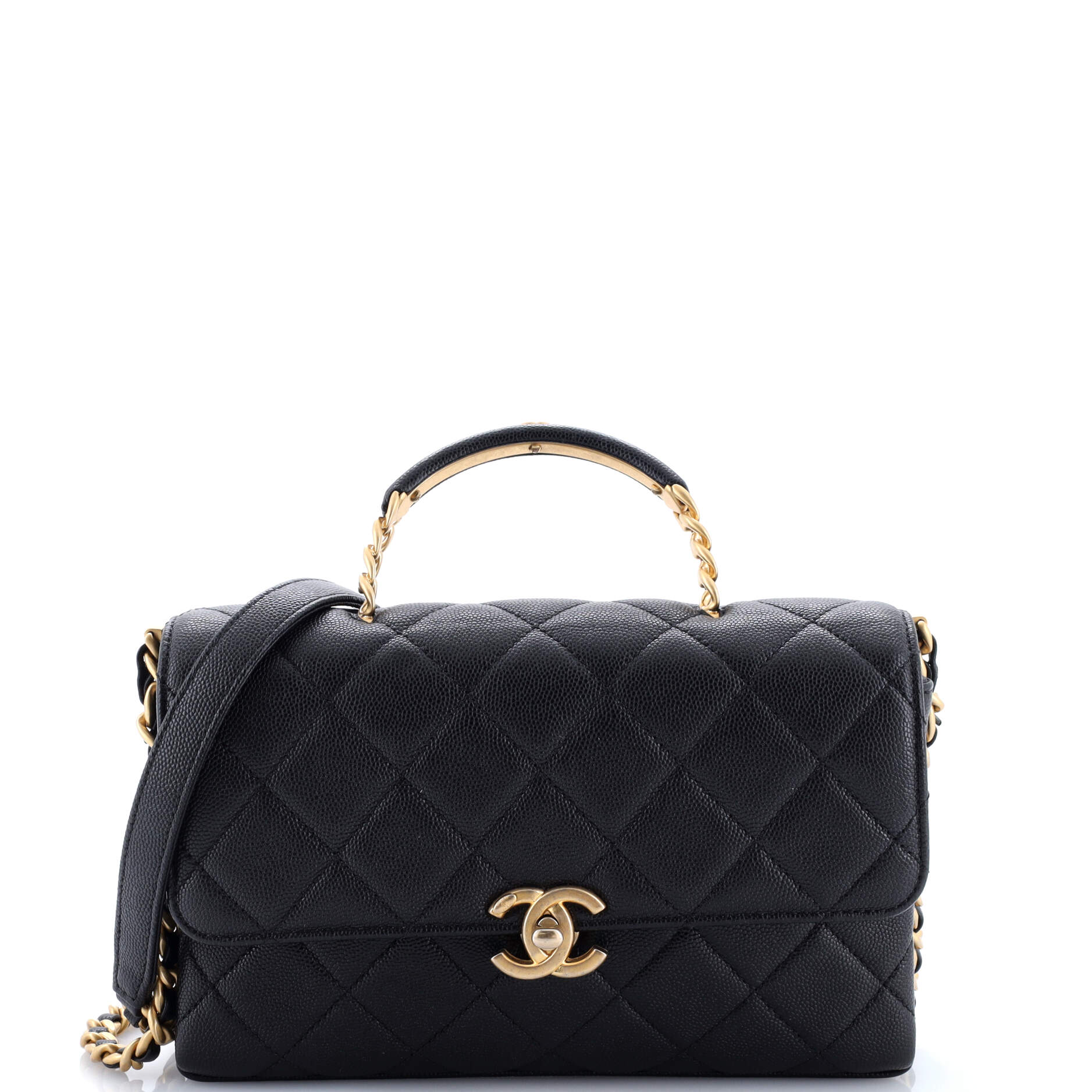 Carry Me Top Handle Flap Bag Quilted Caviar Small