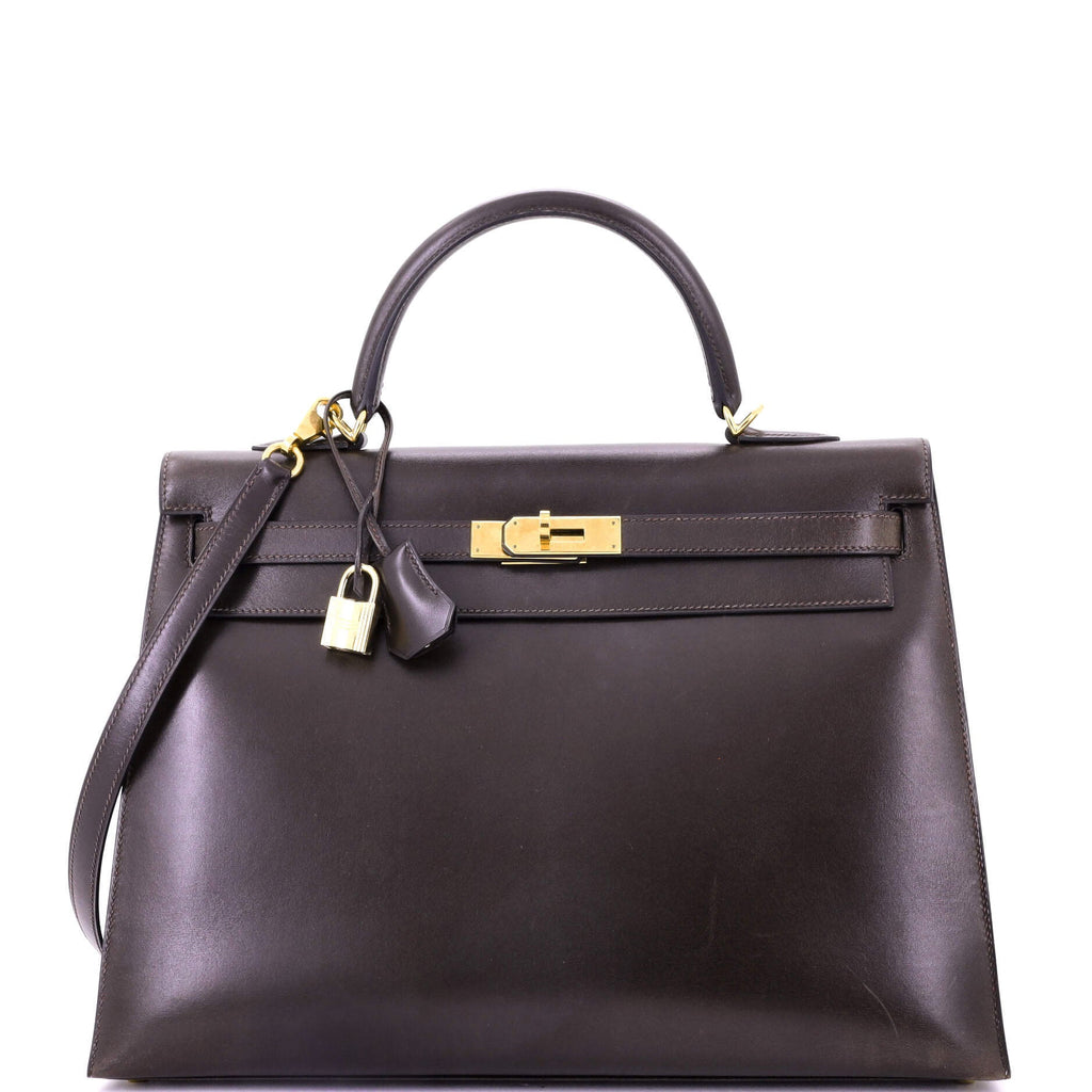 Kelly Handbag Ebene Box Calf with Gold Hardware 35