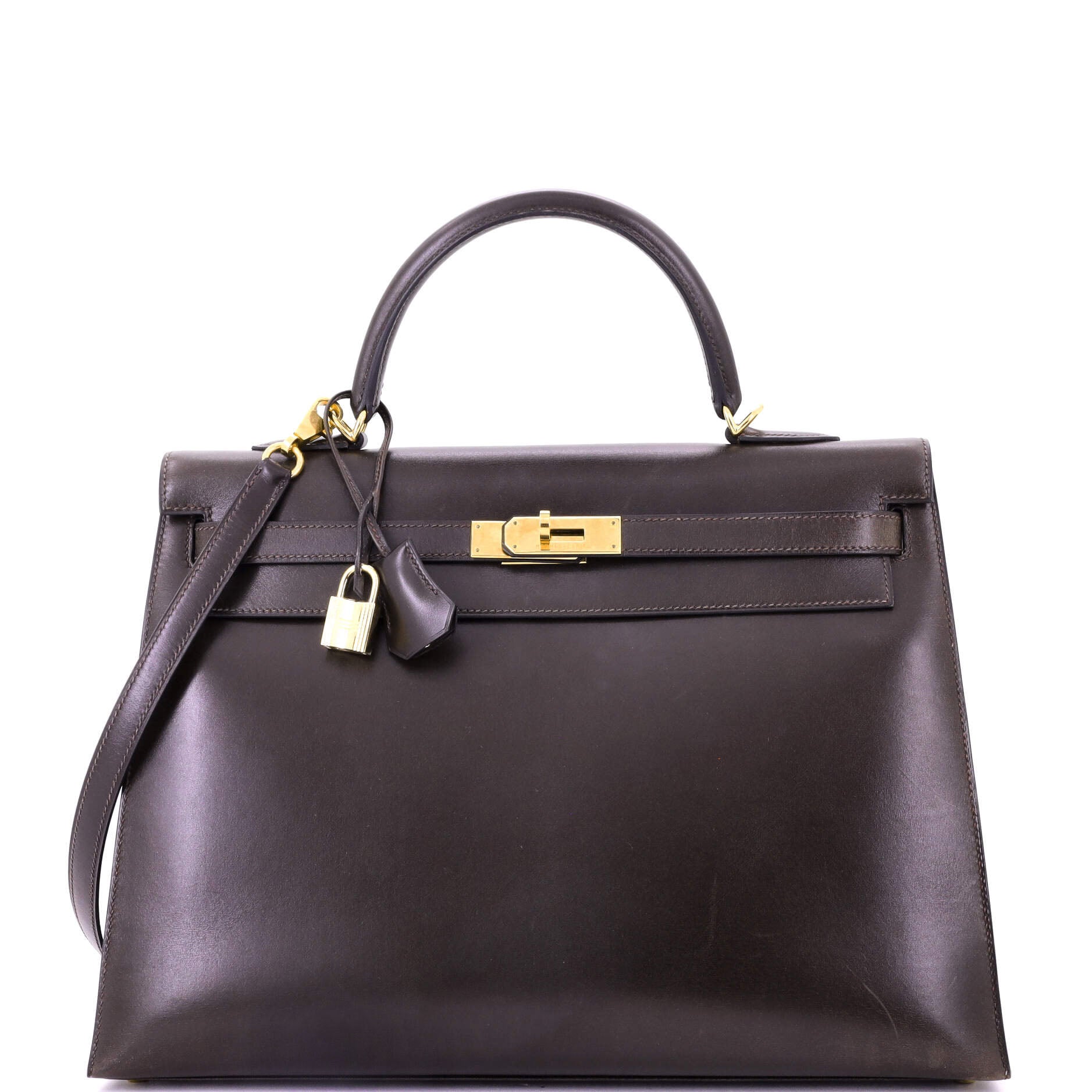 Kelly Handbag Ebene Box Calf with Gold Hardware 35
