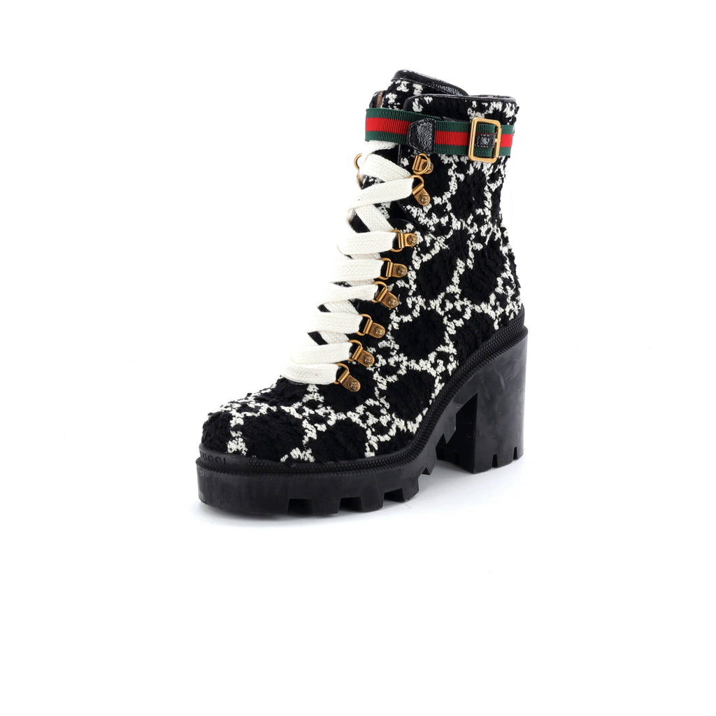 Women's Heeled Lace Up Combat Ankle Boots GG Tweed