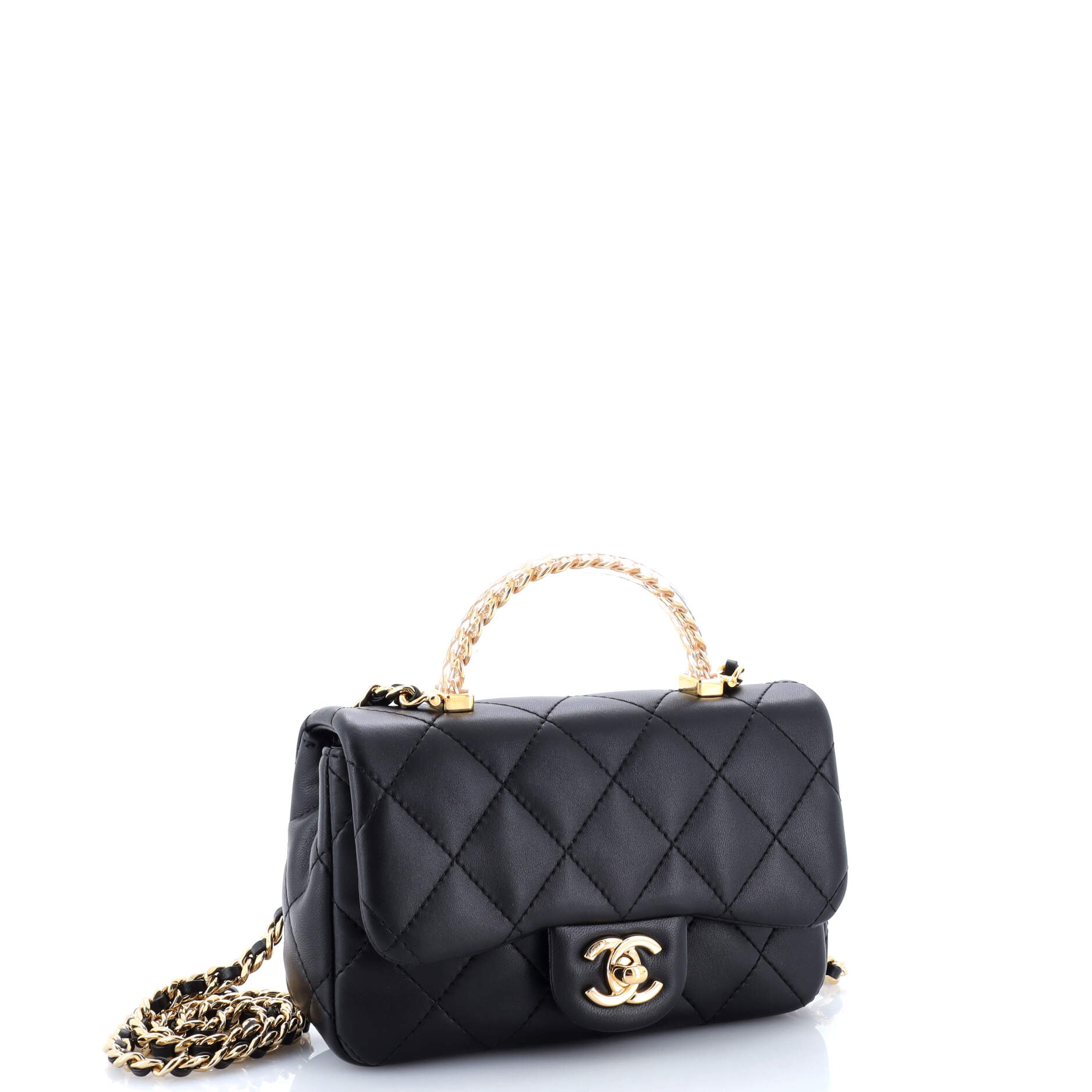 Crystal Chain Flap Top Handle Bag Quilted Lambskin Small