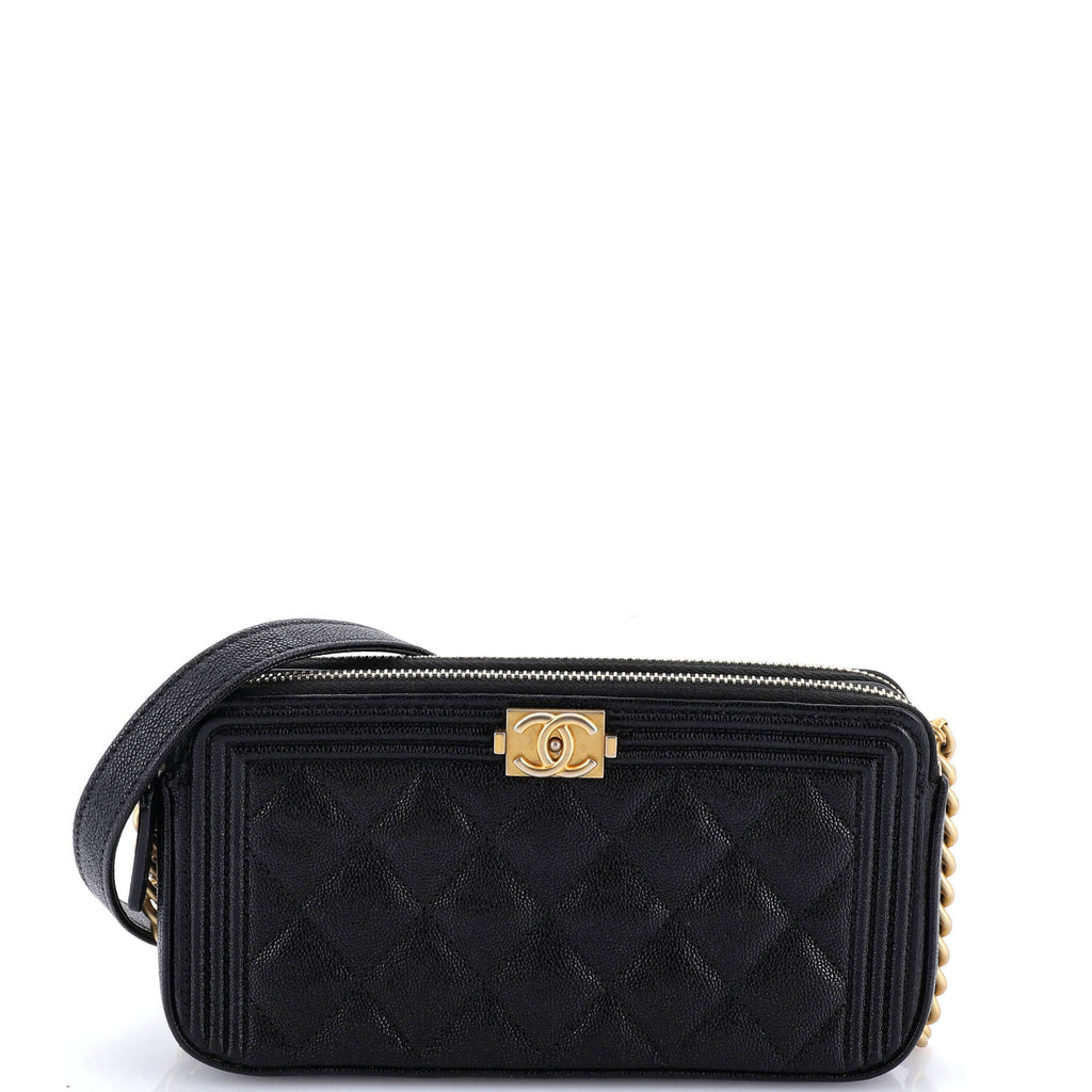 Boy Double Zip Clutch with Chain Quilted Caviar