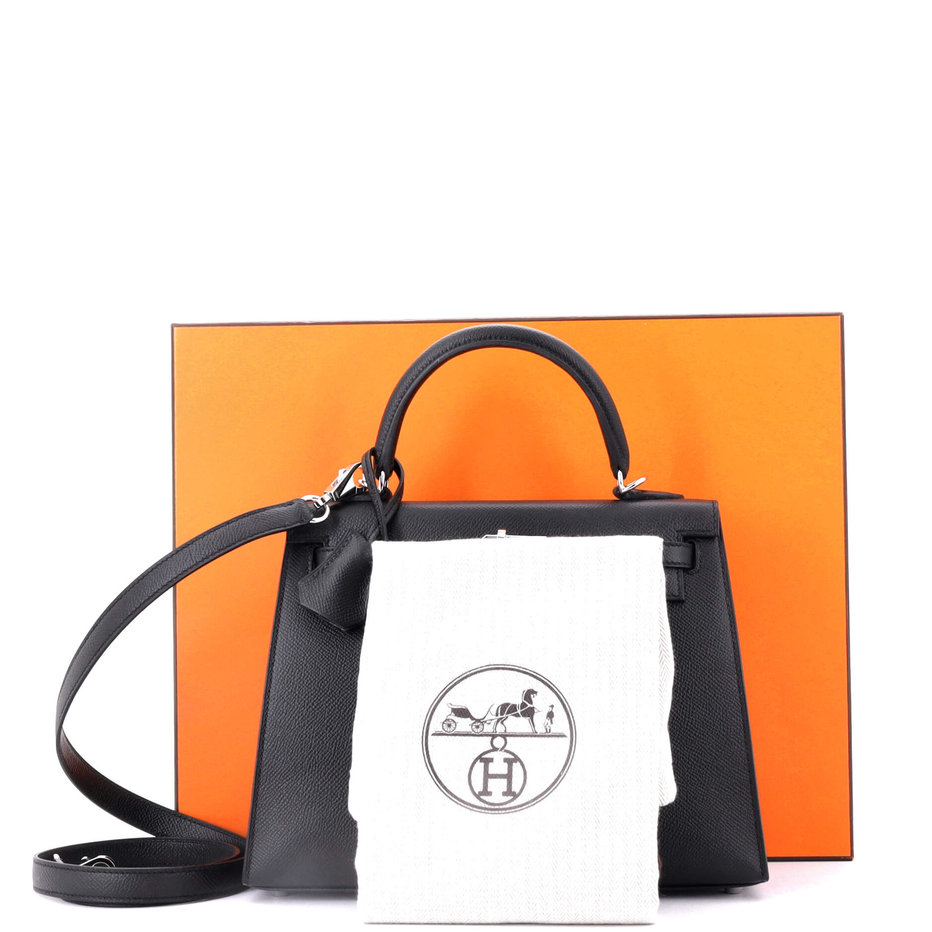 Kelly Handbag Noir Epsom with Palladium Hardware 25