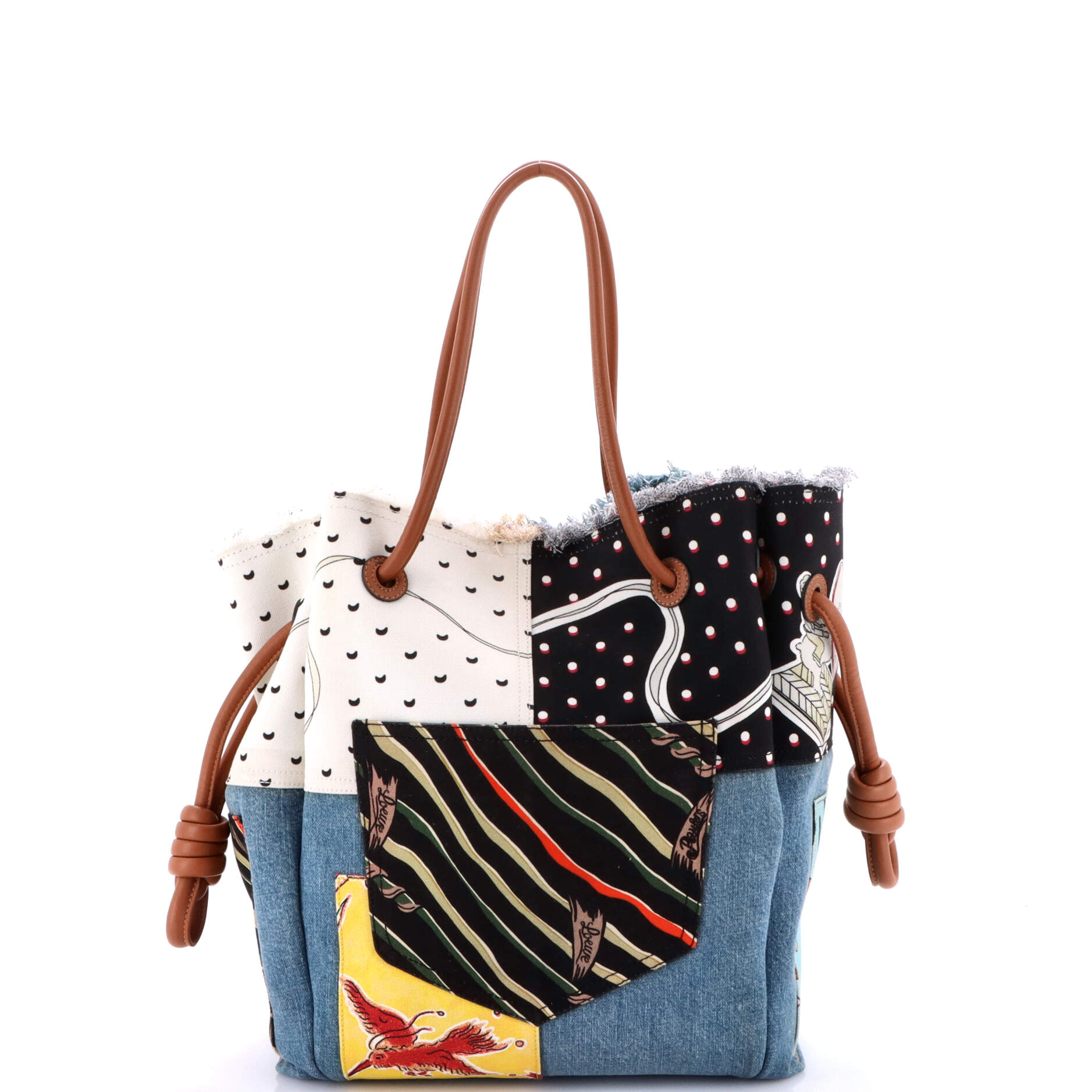 Paula's Ibiza Flamenco Knot Tote Patchwork Denim and Leather Large