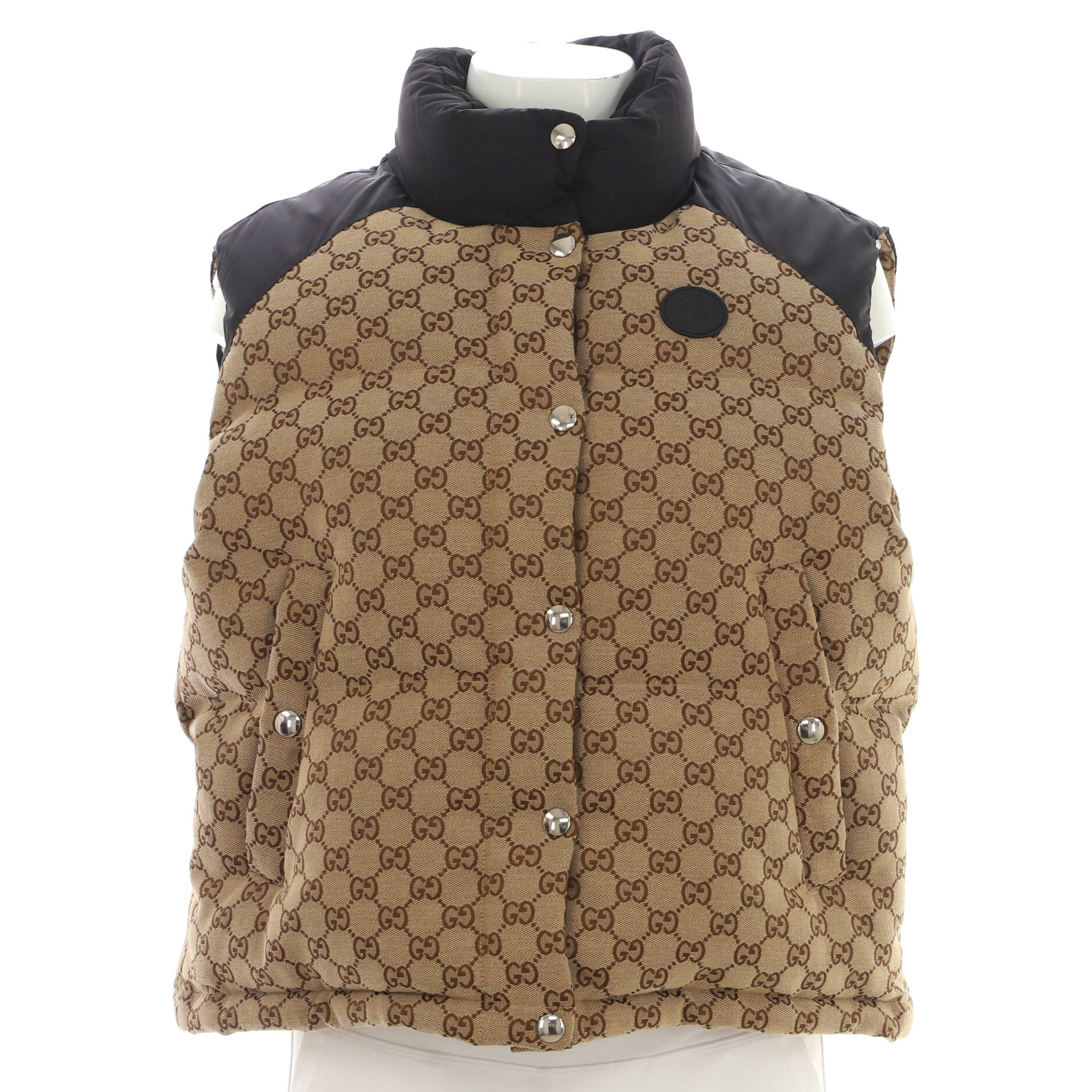 Women's Interlocking G Patch Button Up Puffer Vest Quilted GG Cotton Canvas and Polyester