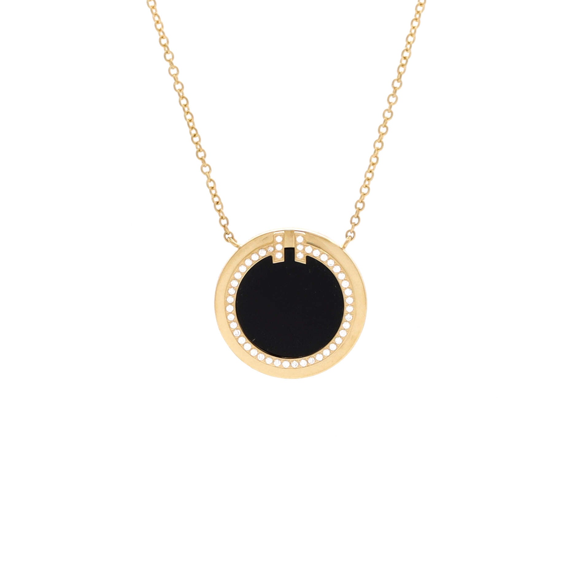 T Circle Pendant Necklace 18K Yellow Gold with Onyx and Diamonds Large