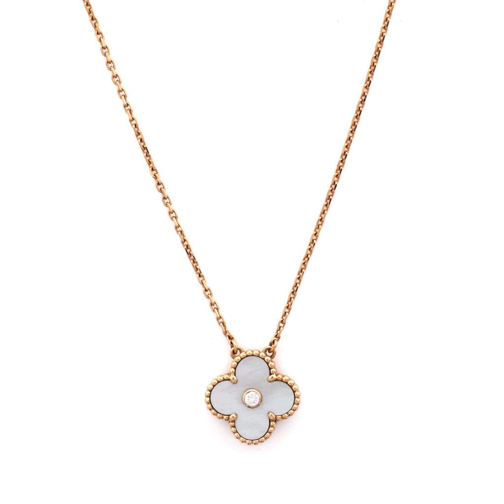 Vintage Alhambra Pendant Necklace 18K Rose Gold and White Mother of Pearl with Diamond