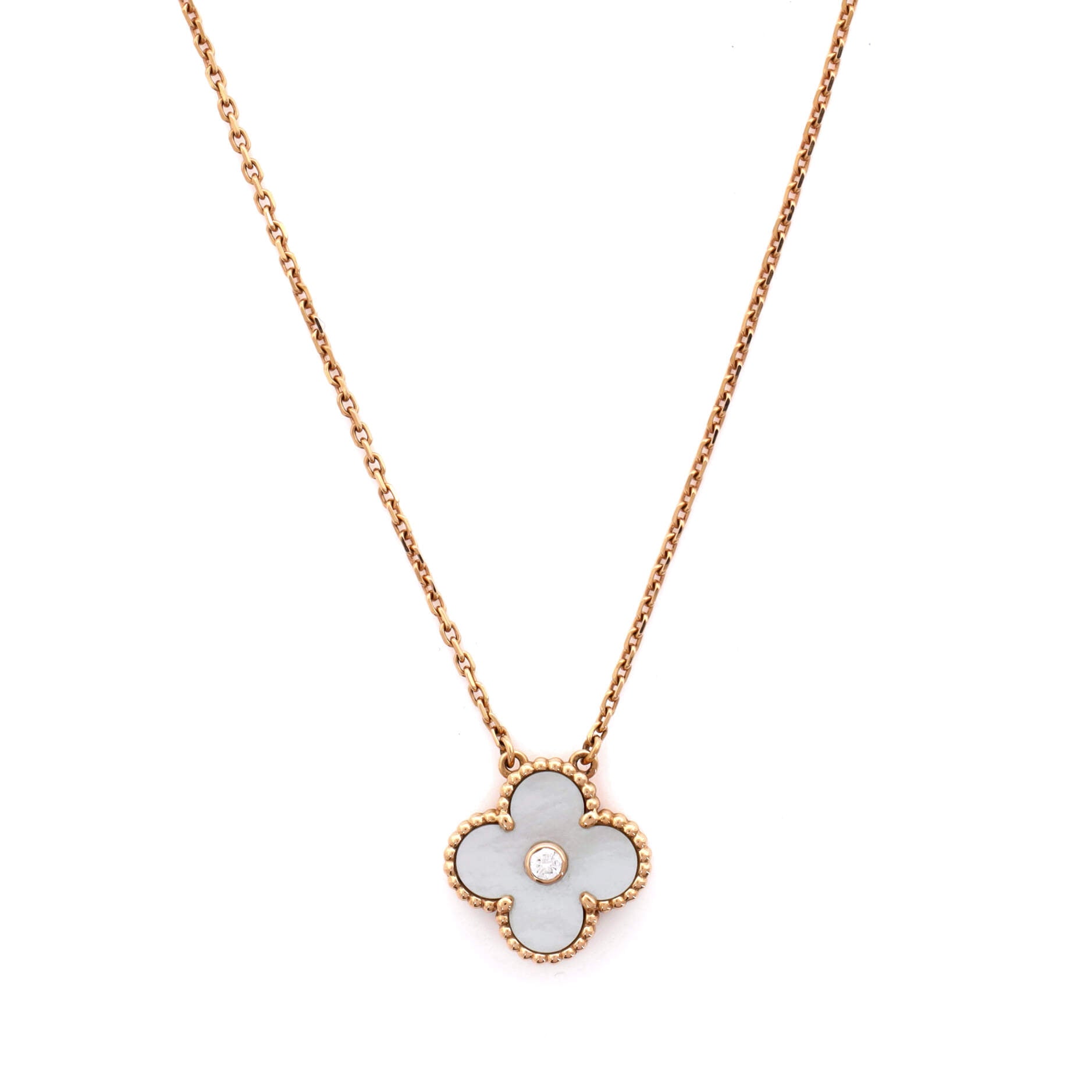 Vintage Alhambra Pendant Necklace 18K Rose Gold and White Mother of Pearl with Diamond
