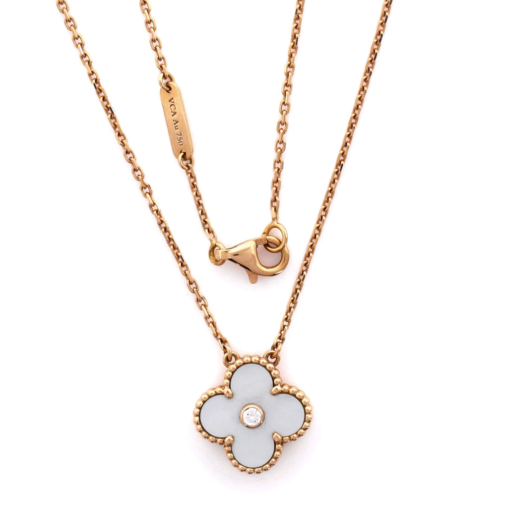 Vintage Alhambra Pendant Necklace 18K Rose Gold and White Mother of Pearl with Diamond