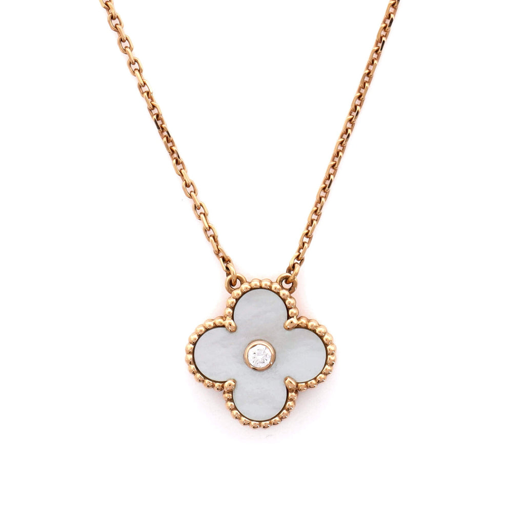 Vintage Alhambra Pendant Necklace 18K Rose Gold and White Mother of Pearl with Diamond