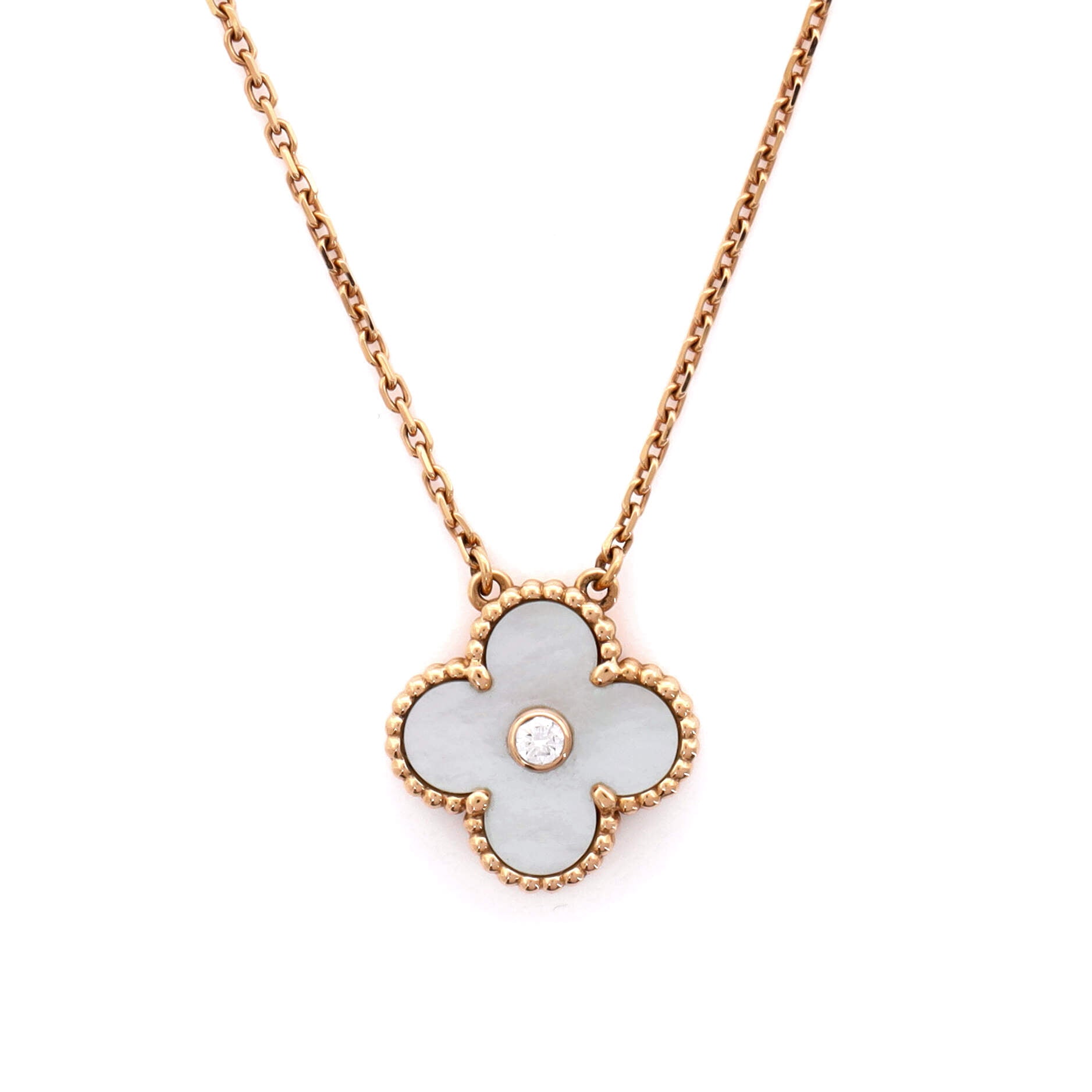 Vintage Alhambra Pendant Necklace 18K Rose Gold and White Mother of Pearl with Diamond