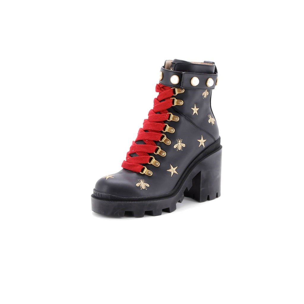Women's Heeled Lace Up Combat Ankle Boots Leather with Faux Pearls