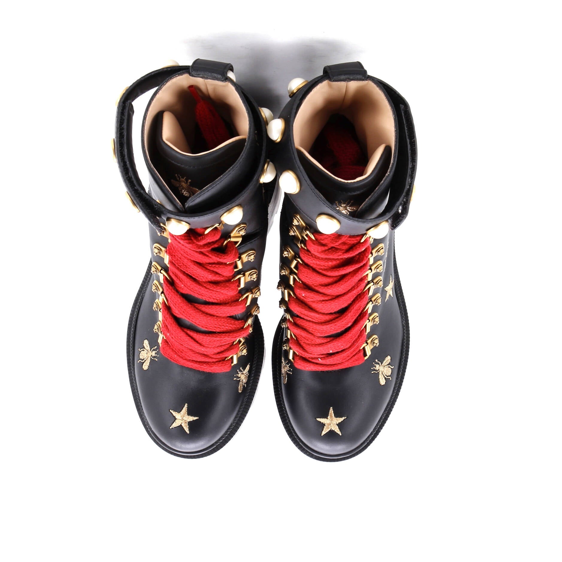 Women's Heeled Lace Up Combat Ankle Boots Leather with Faux Pearls