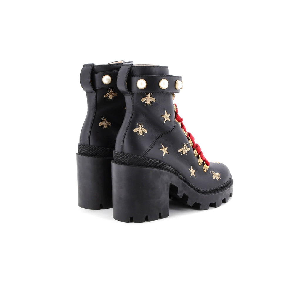 Women's Heeled Lace Up Combat Ankle Boots Leather with Faux Pearls