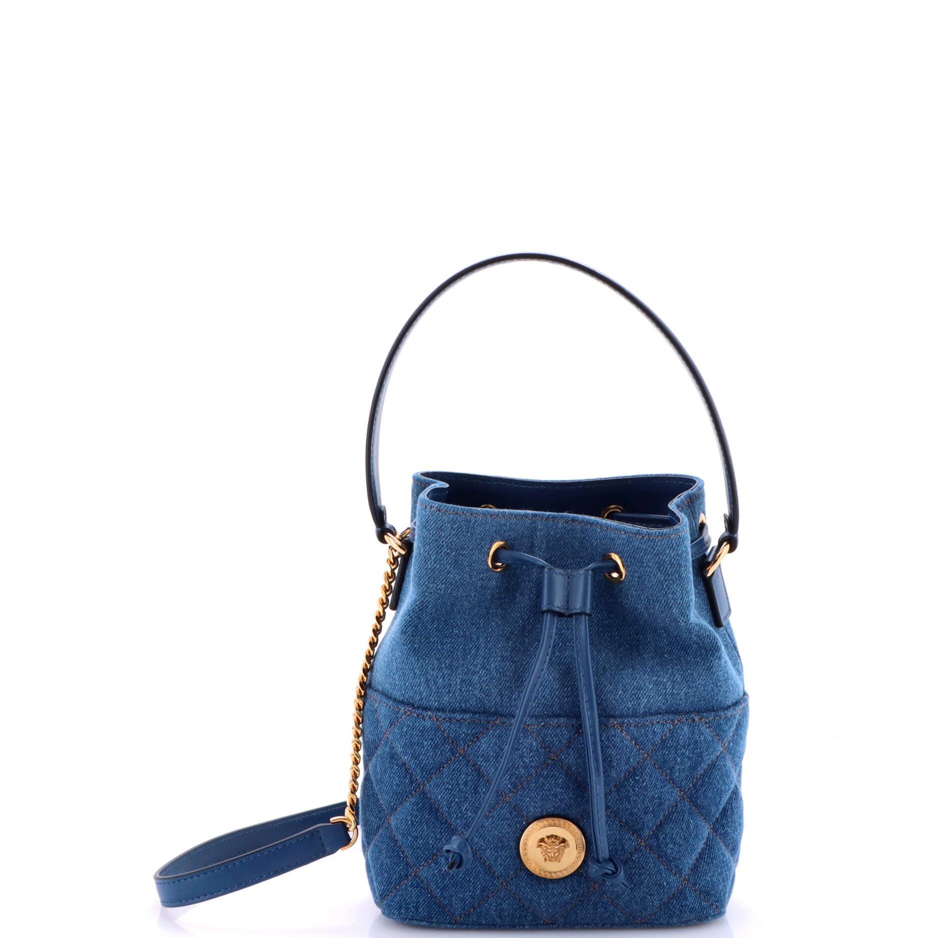 Medusa Top Handle Drawstring Bucket Bag Quilted Denim Mini
