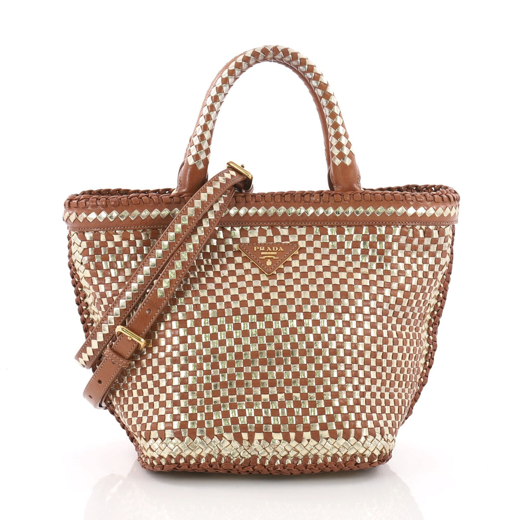 Convertible Open Tote Madras Woven Leather Mini