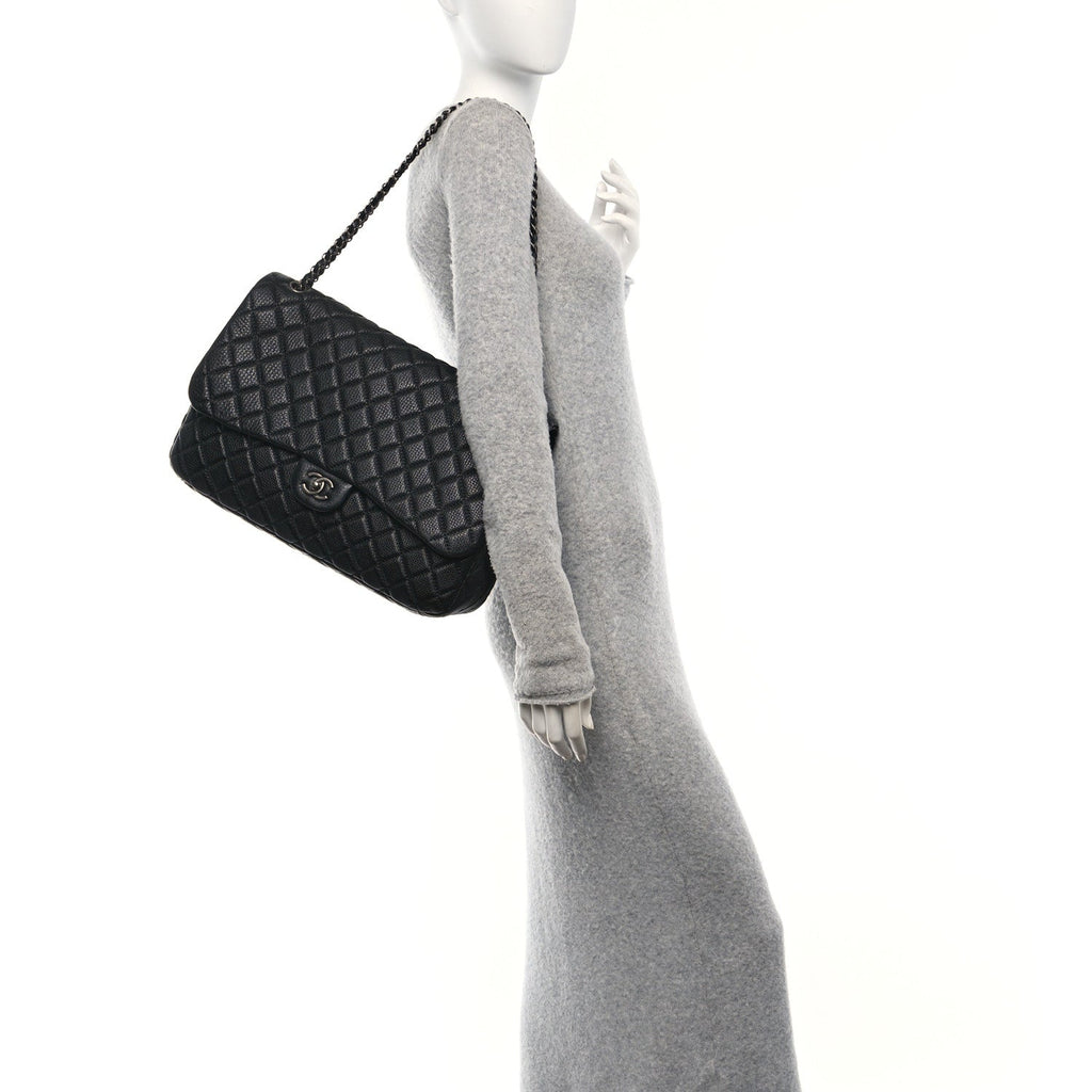 Grained Calfskin Quilted Small XXL Travel Flap Bag Black