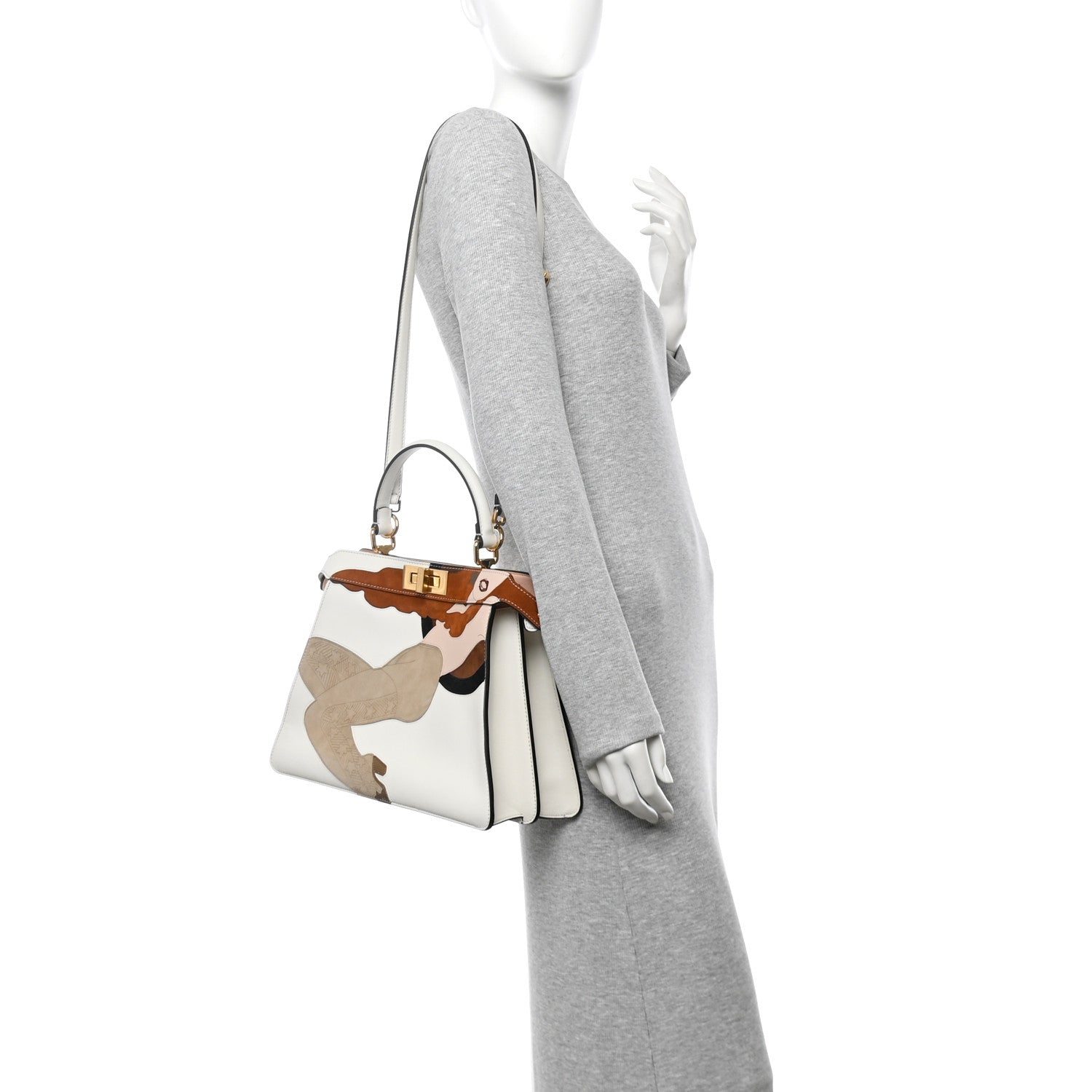 Vitello Seta Chamois Stocking Girl Inlay Medium Peekaboo I SEE U Satchel White Ice Multicolor