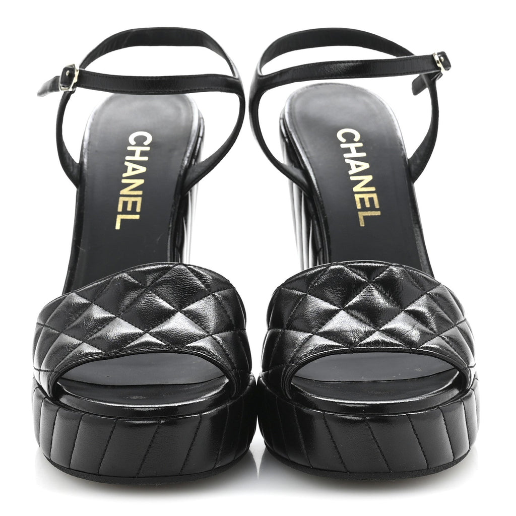 Shiny Lambskin Quilted Platform Sandals 38.5 Black