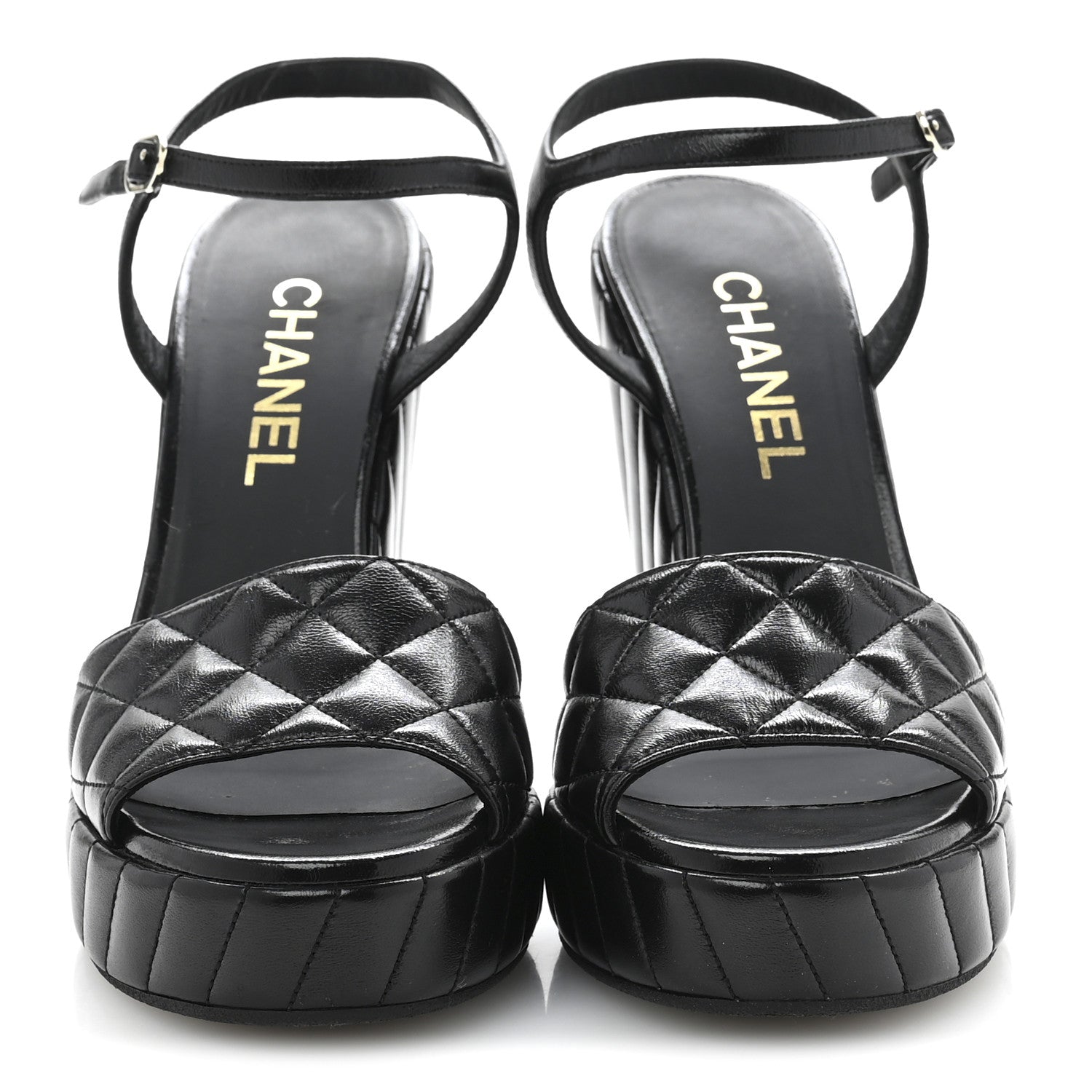 Shiny Lambskin Quilted Platform Sandals 38.5 Black
