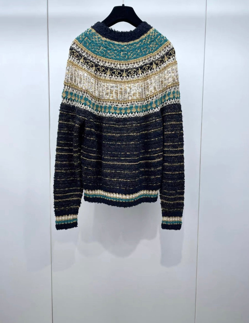 CHANEL 19A EGYPT RUNWAY BLACK BEIGE GREEN GOLD KNIT PULLOVER size 34