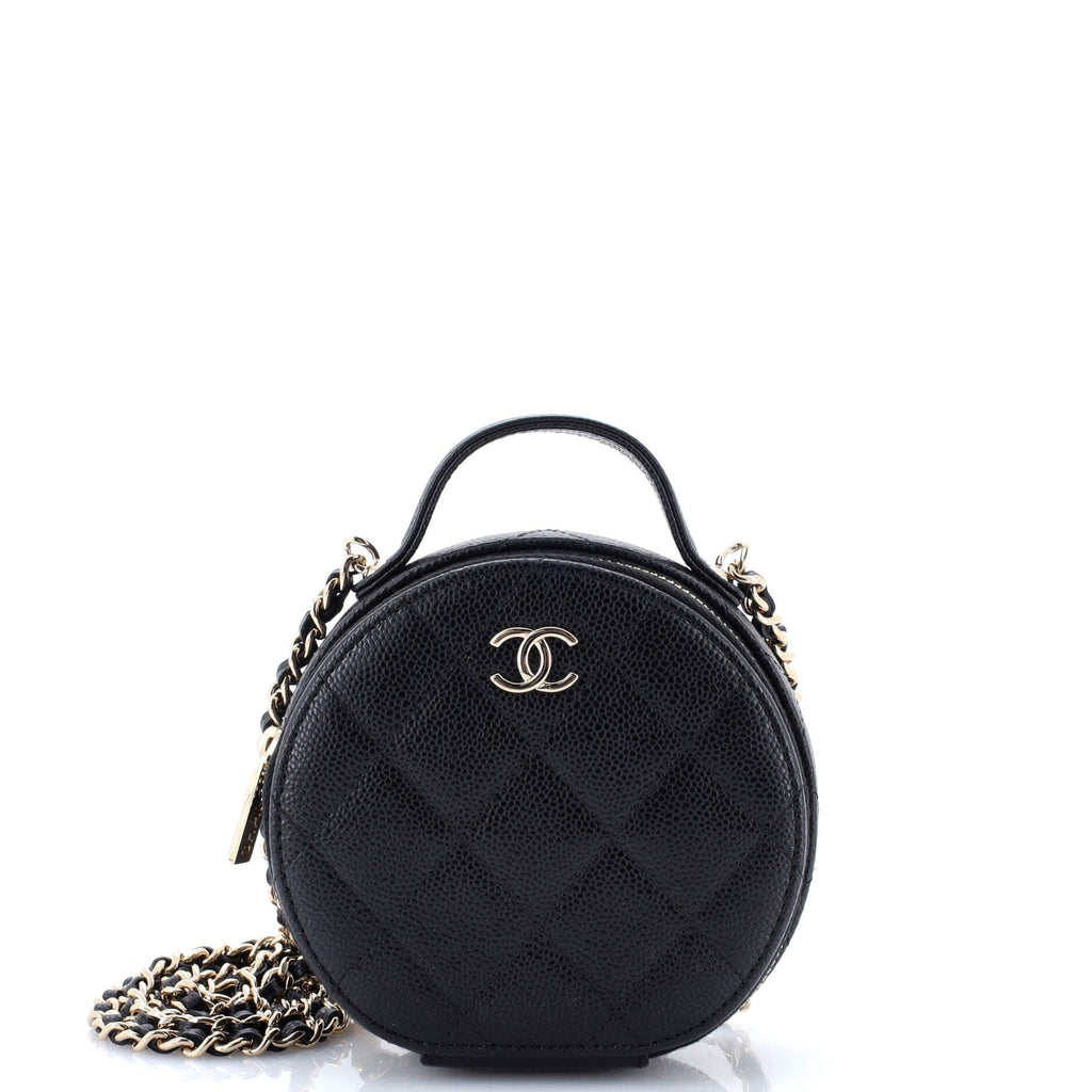 Handle with Care Round Vanity Case with Chain Quilted Caviar Small