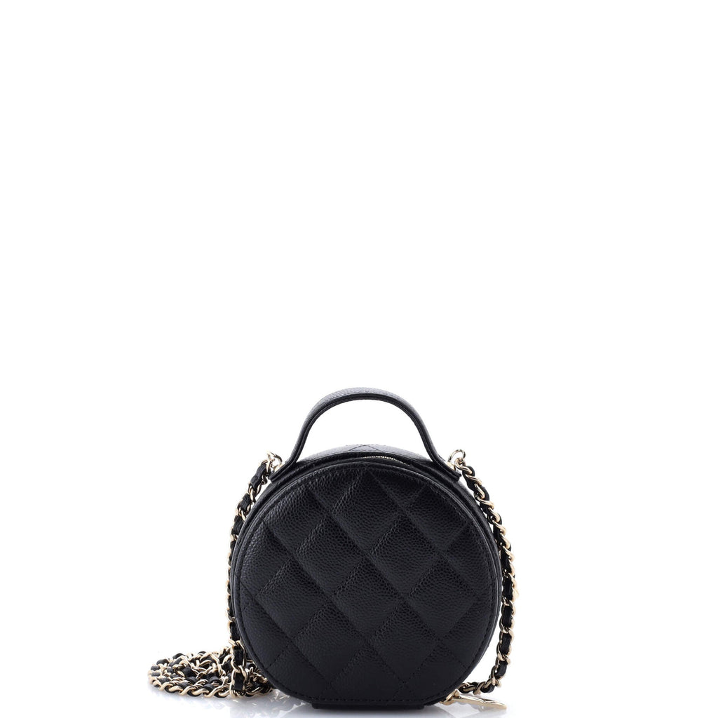 Handle with Care Round Vanity Case with Chain Quilted Caviar Small