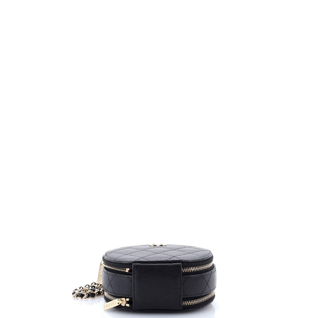Handle with Care Round Vanity Case with Chain Quilted Caviar Small