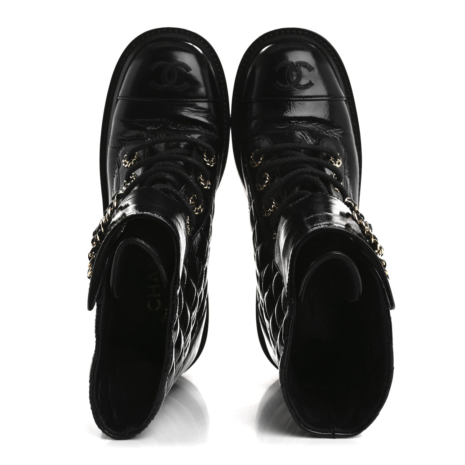 Shiny Lambskin Quilted Lace Up Combat Boots 37 Black