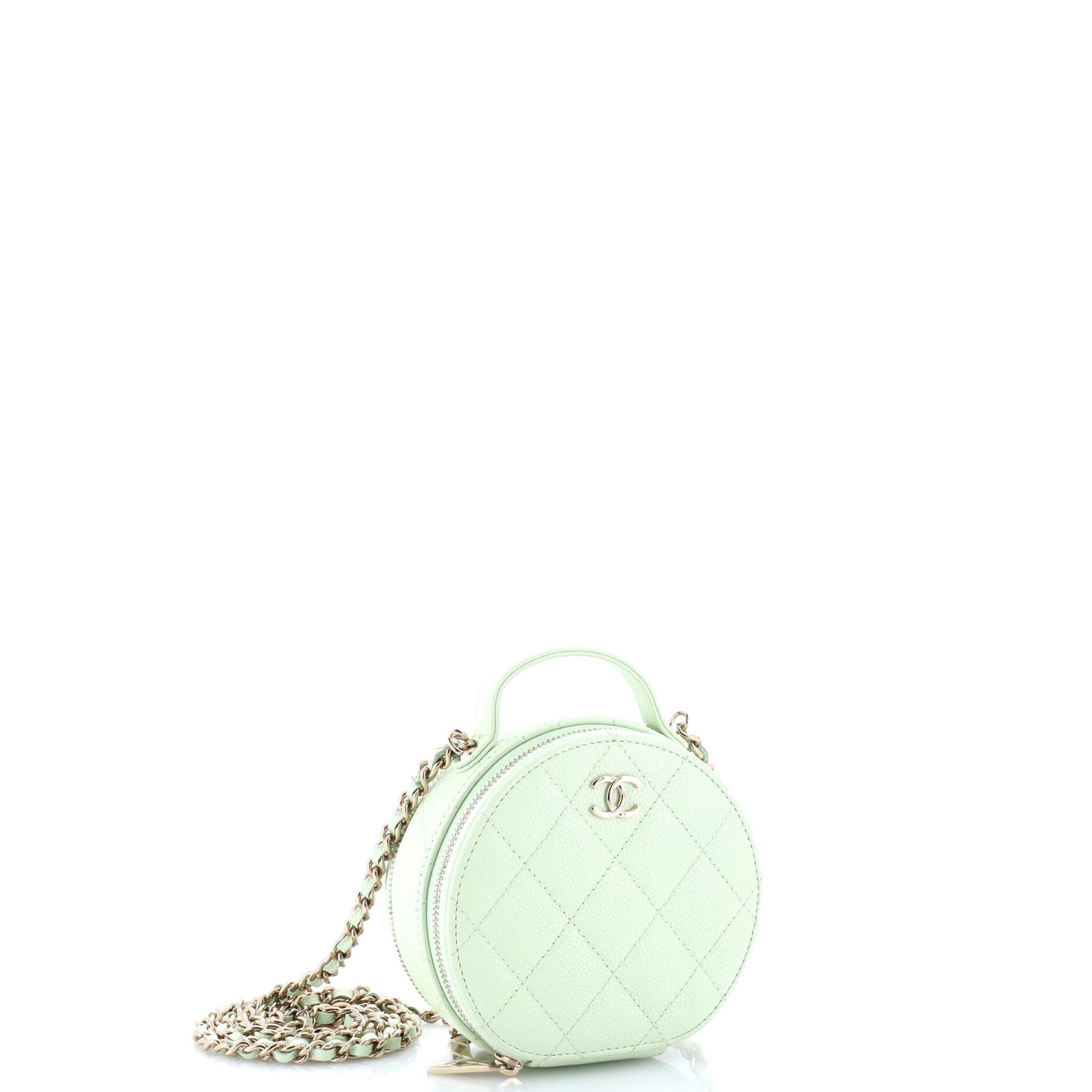Handle with Care Round Vanity Case with Chain Quilted Caviar Small