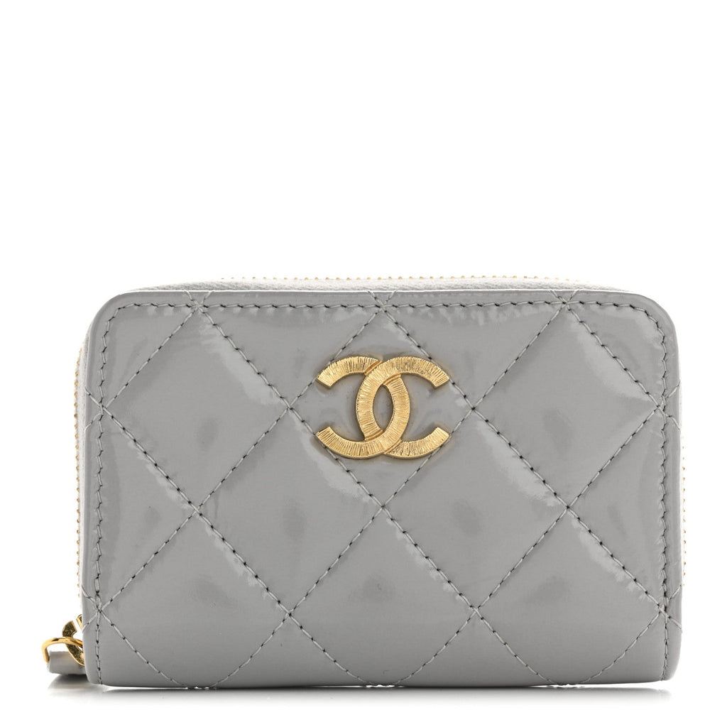 Shiny Lambskin Quilted Textured CC Zip Coin Purse Gris