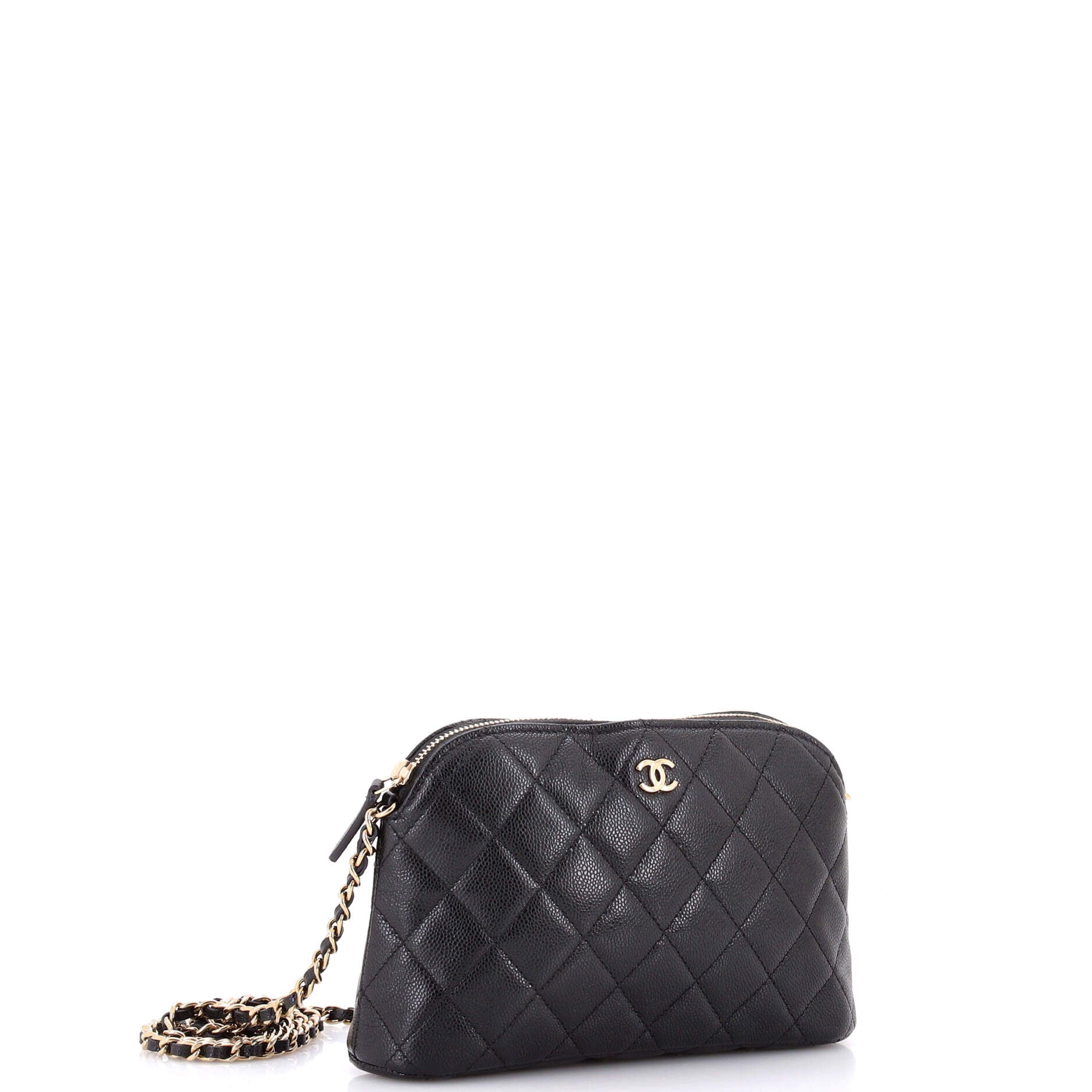 CC Dome Zip Clutch with Chain Quilted Caviar Small