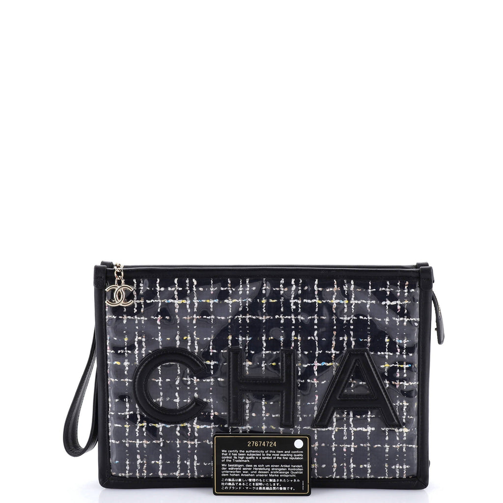 Logo Wristlet Clutch PVC Over Quilted Tweed Large