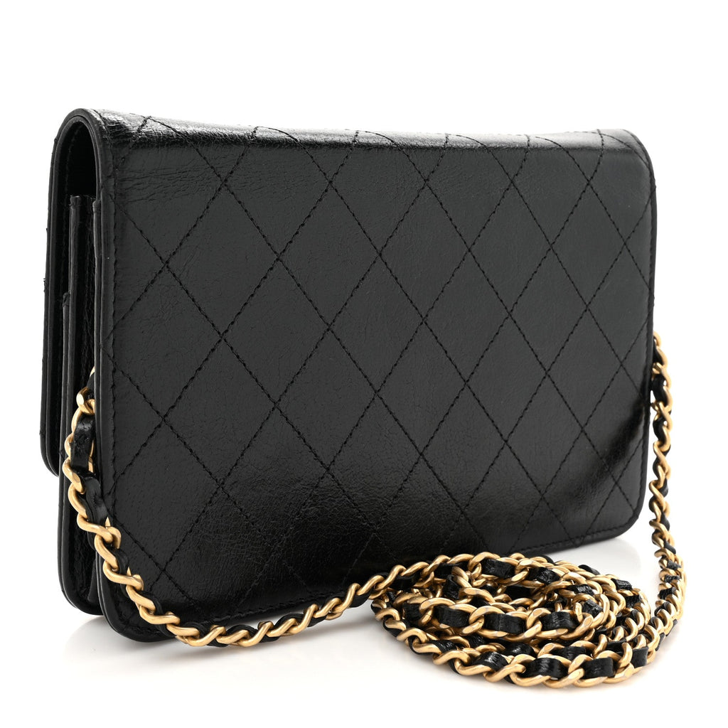 Goatskin Stitched Golden CC Wallet on Chain WOC Black