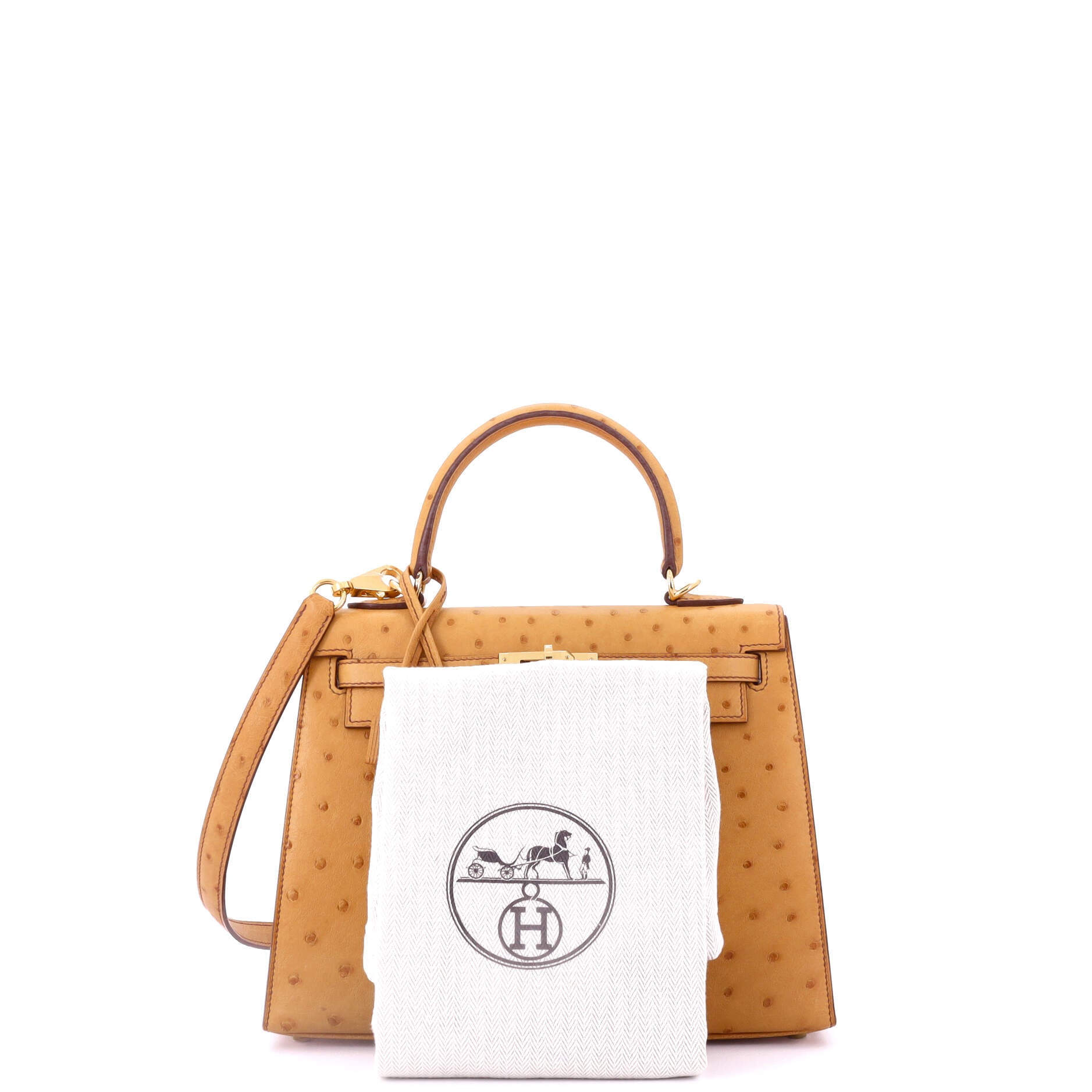 Kelly Handbag Cognac Ostrich with Gold Hardware 25