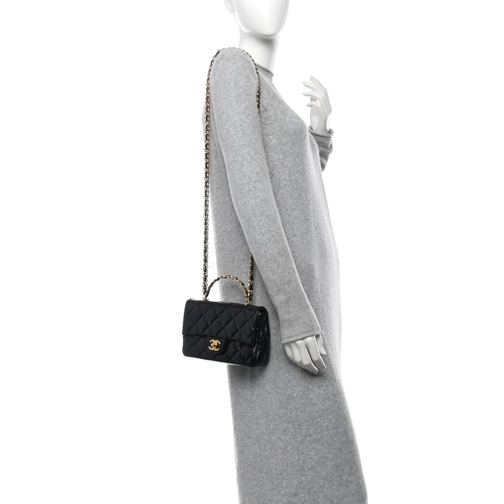 Shiny Lambskin Quilted Golden Links Top Handle Flap Black